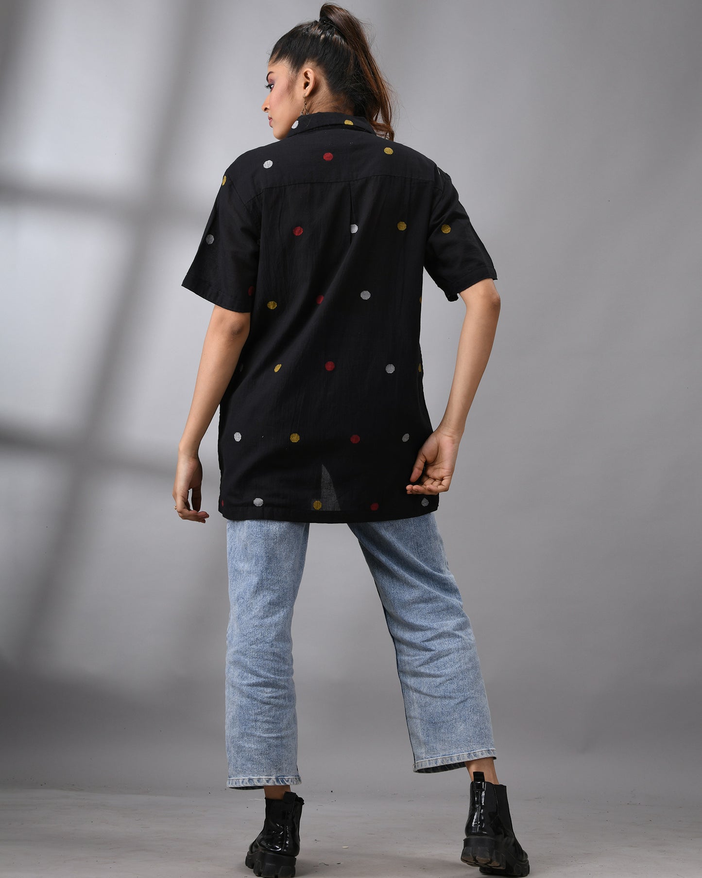 Handloom Jamdani Black Polkadot Half Sleeve Cuban Collar Shirt 100% Cotton for Women (Unisex)
