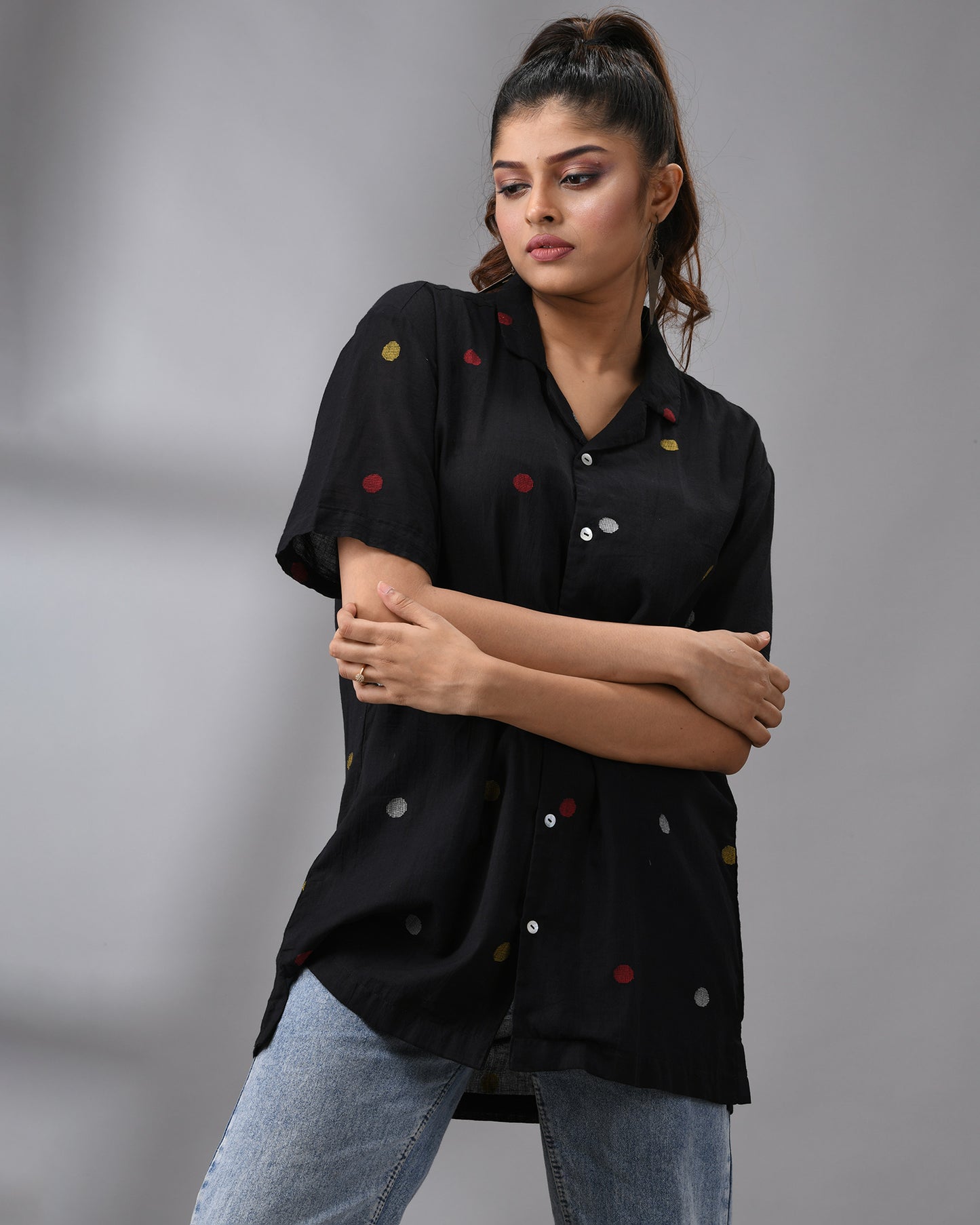 Handloom Jamdani Black Polkadot Half Sleeve Cuban Collar Shirt 100% Cotton for Women (Unisex)