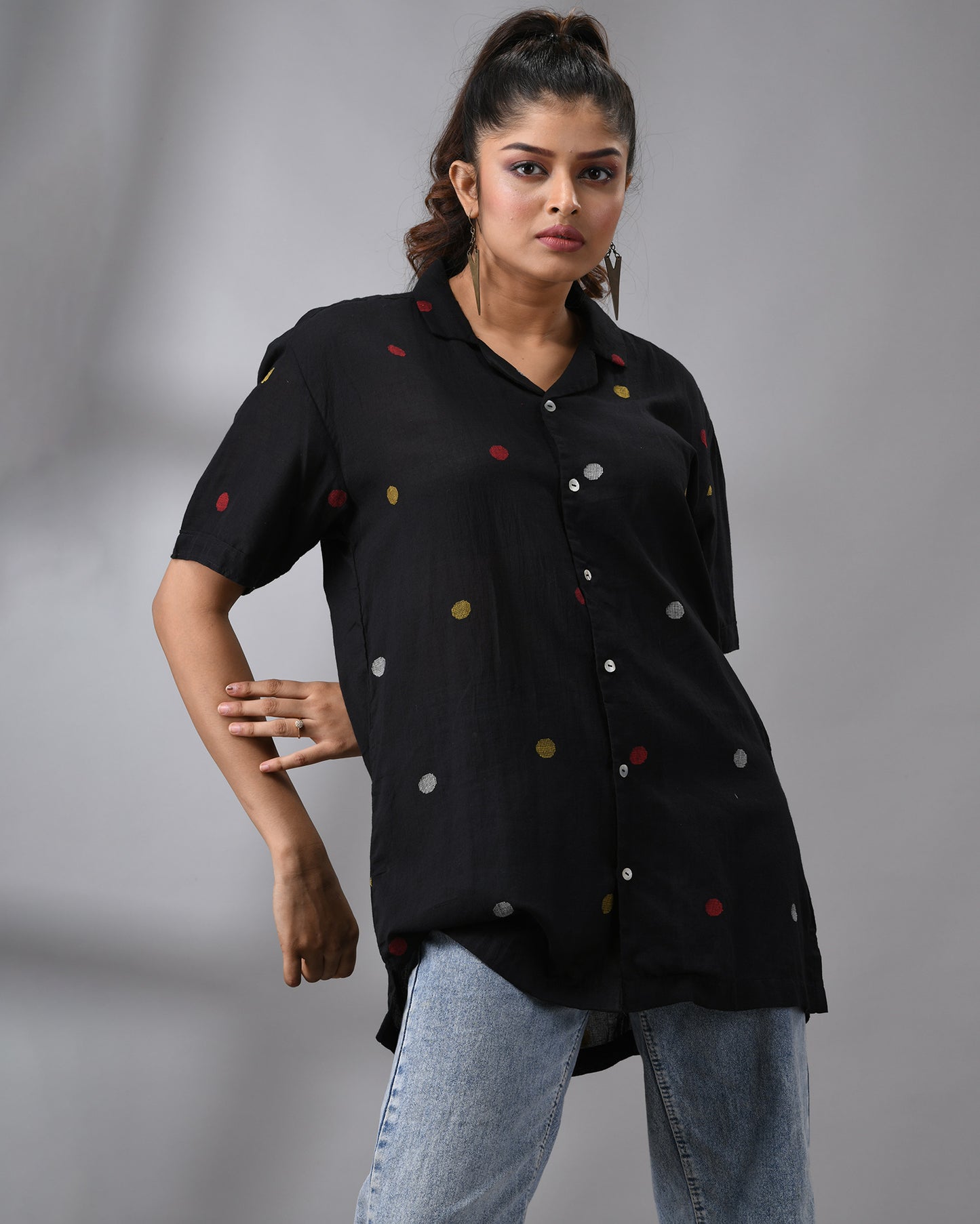 Handloom Jamdani Black Polkadot Half Sleeve Cuban Collar Shirt 100% Cotton for Women (Unisex)