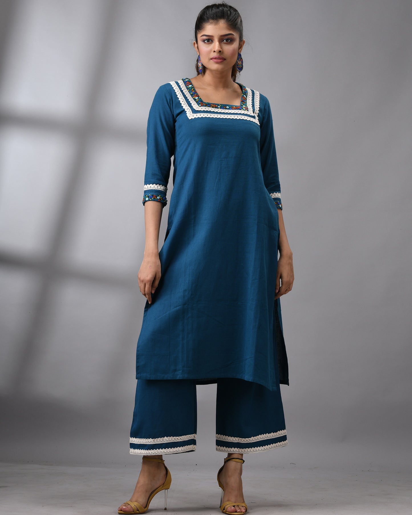 Rubaru - Khadi Blue Parsee Hand Embroidery Three-quarter Sleeve Square Neck Co-Ord Set 100% Cotton for Women