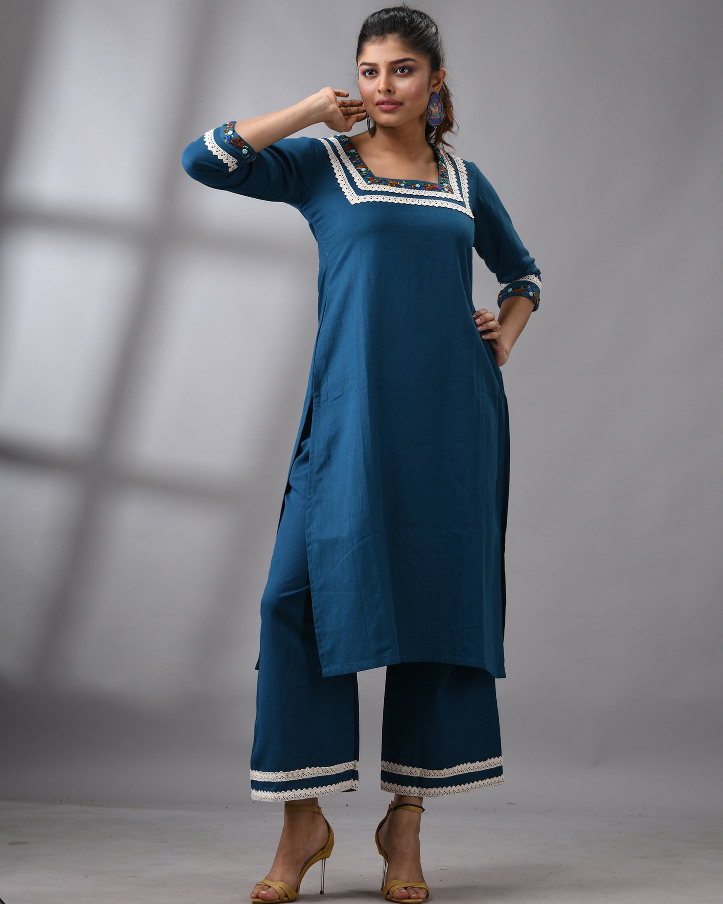 Rubaru - Khadi Blue Parsee Hand Embroidery Three-quarter Sleeve Square Neck Co-Ord Set 100% Cotton for Women