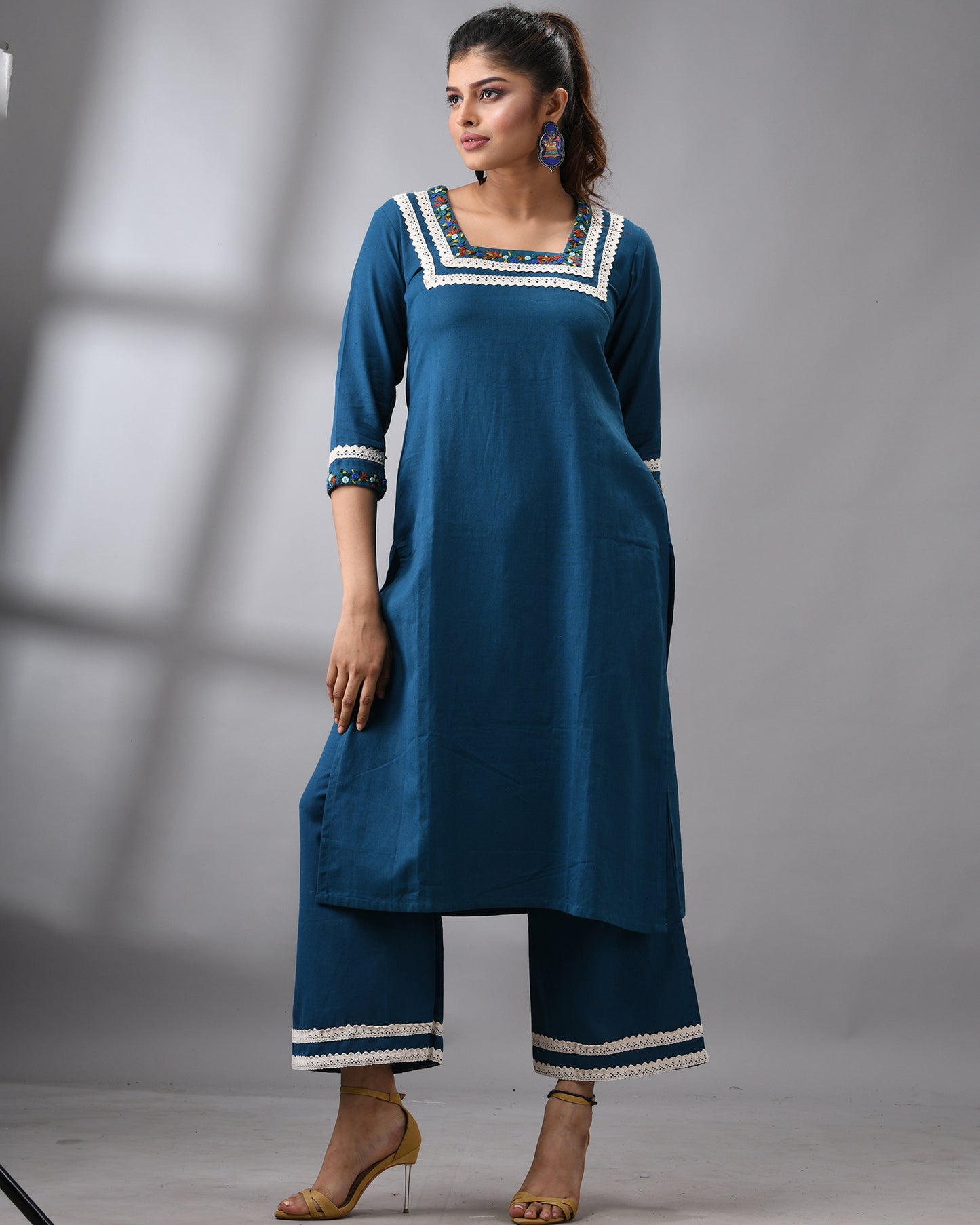 Rubaru - Khadi Blue Parsee Hand Embroidery Three-quarter Sleeve Square Neck Co-Ord Set 100% Cotton for Women