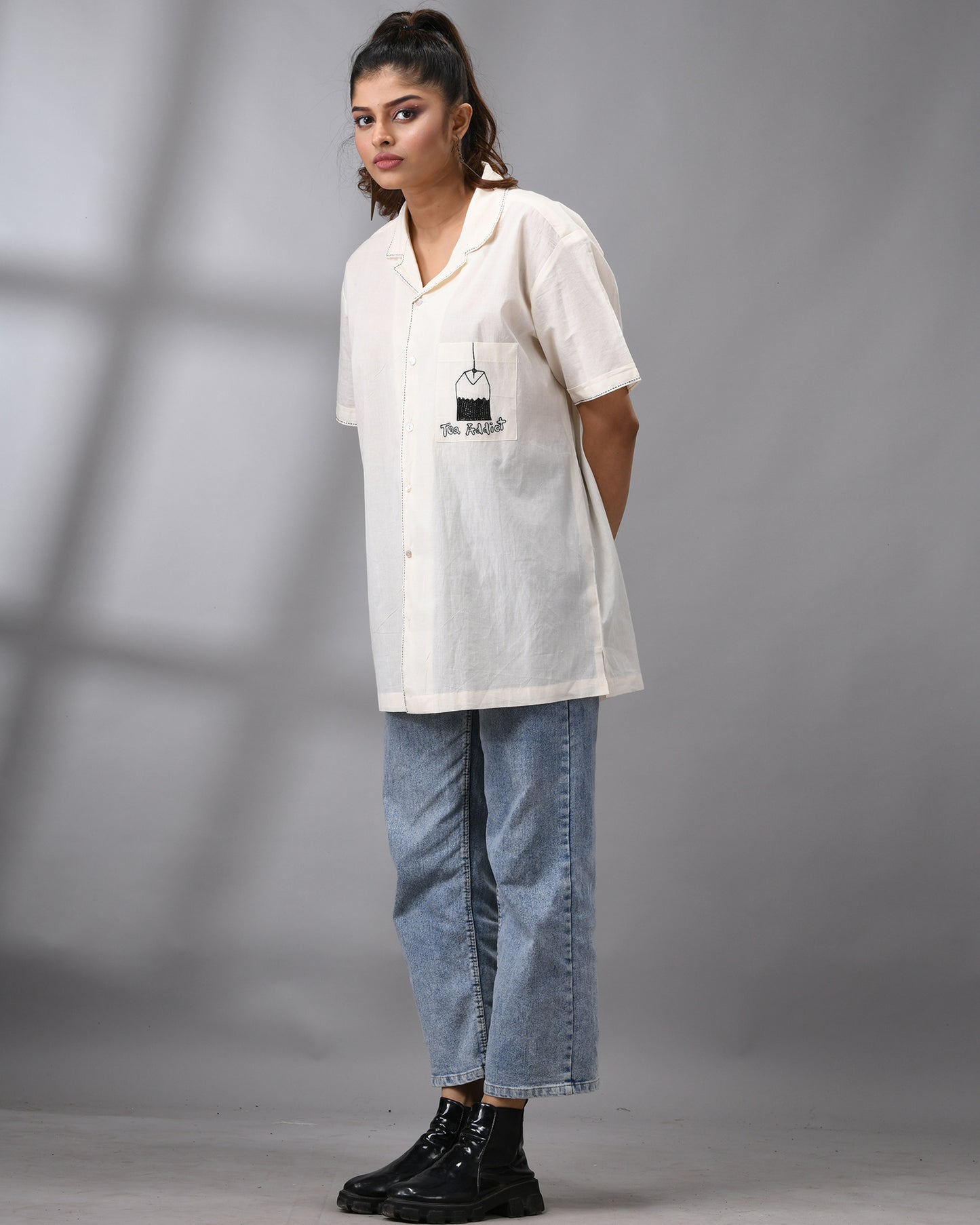 Tea Addict - Kora Thread Embroidery Half Sleeve Cuban Collar Shirt 100% Cotton for Women (Unisex)