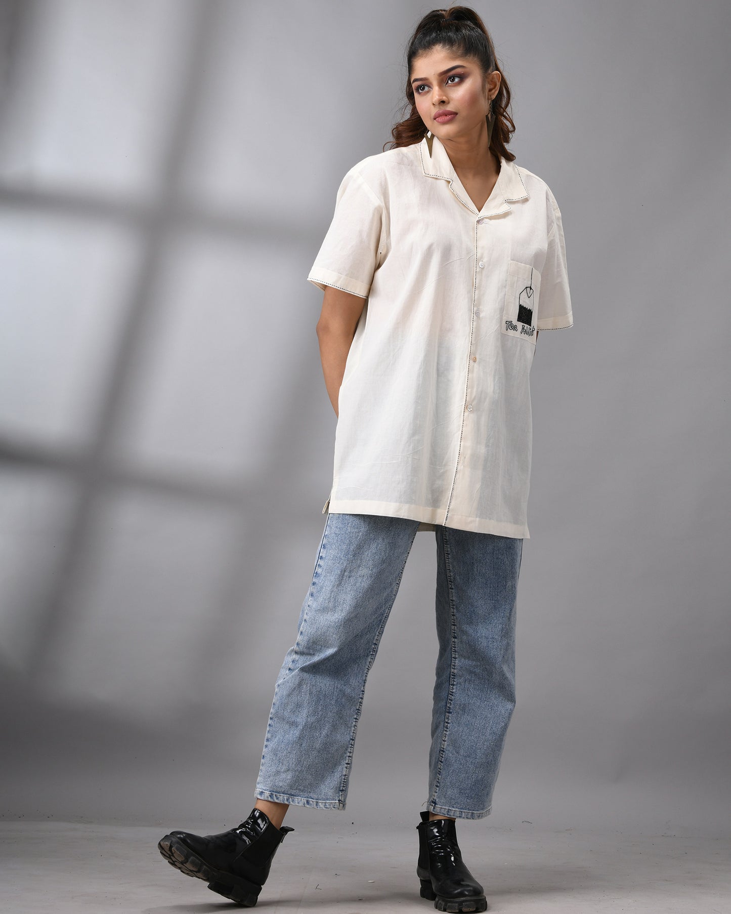 Tea Addict - Kora Thread Embroidery Half Sleeve Cuban Collar Shirt 100% Cotton for Women (Unisex)