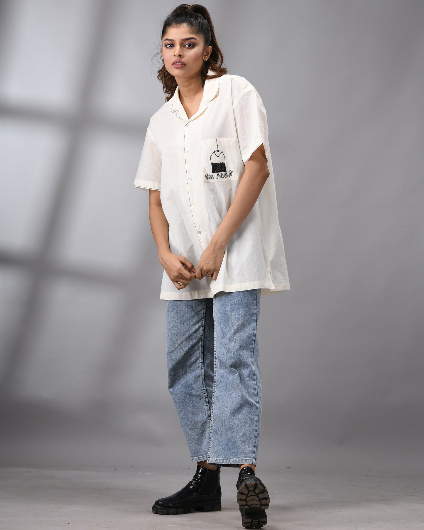 Tea Addict - Kora Thread Embroidery Half Sleeve Cuban Collar Shirt 100% Cotton for Women (Unisex)