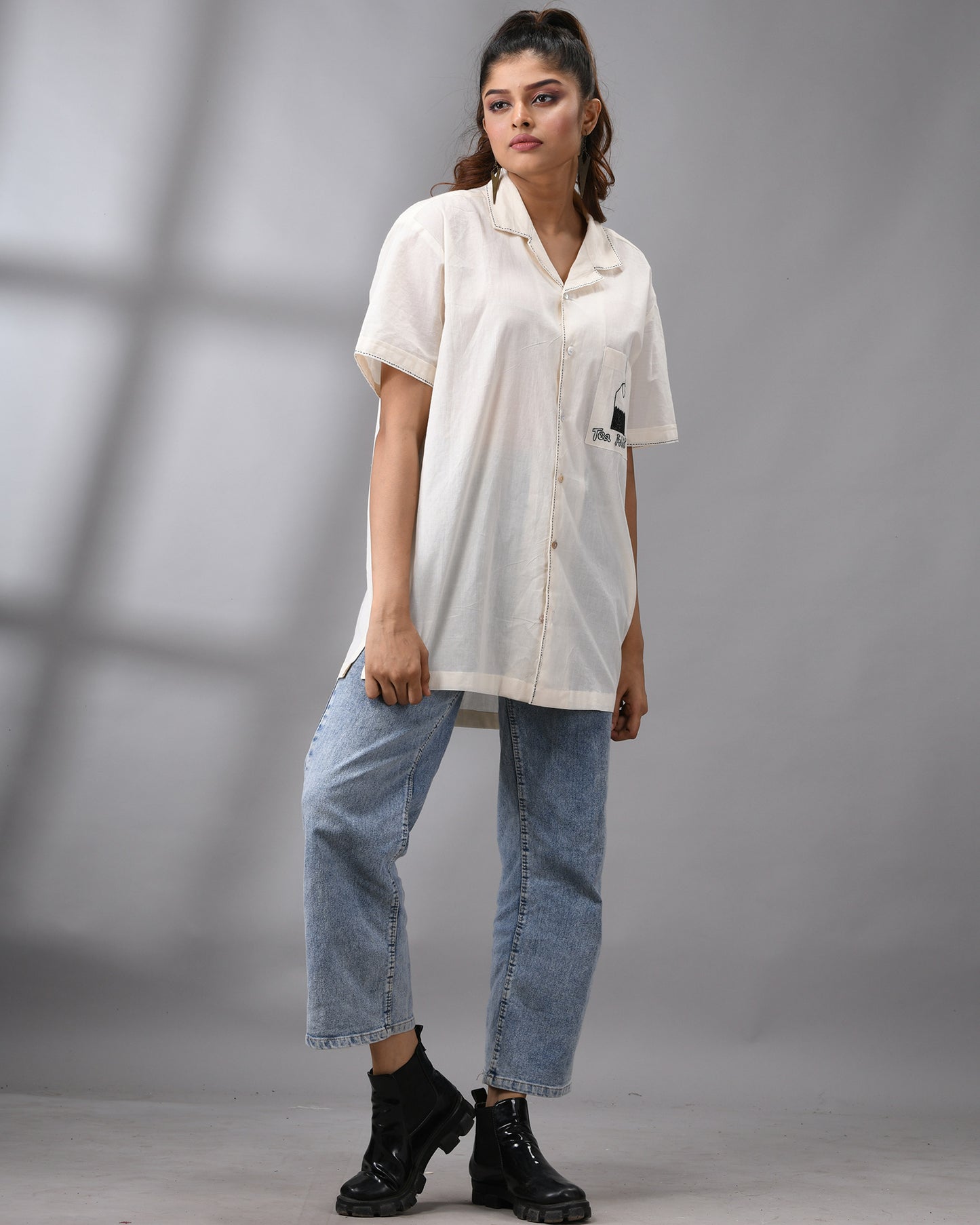Tea Addict - Kora Thread Embroidery Half Sleeve Cuban Collar Shirt 100% Cotton for Women (Unisex)