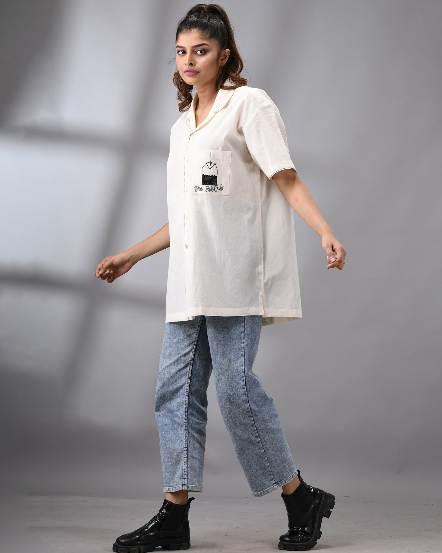 Tea Addict - Kora Thread Embroidery Half Sleeve Cuban Collar Shirt 100% Cotton for Women (Unisex)