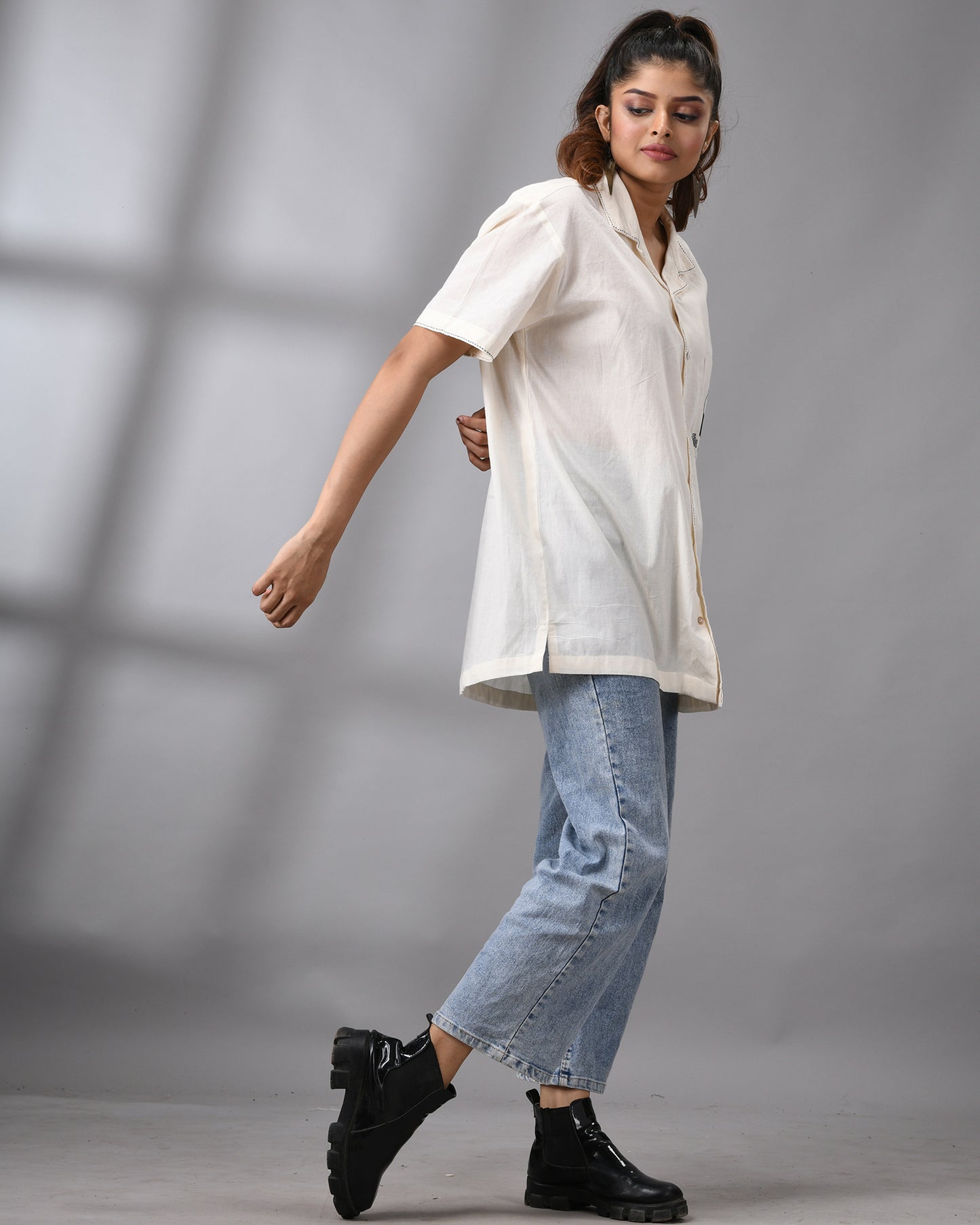 Tea Addict - Kora Thread Embroidery Half Sleeve Cuban Collar Shirt 100% Cotton for Women (Unisex)