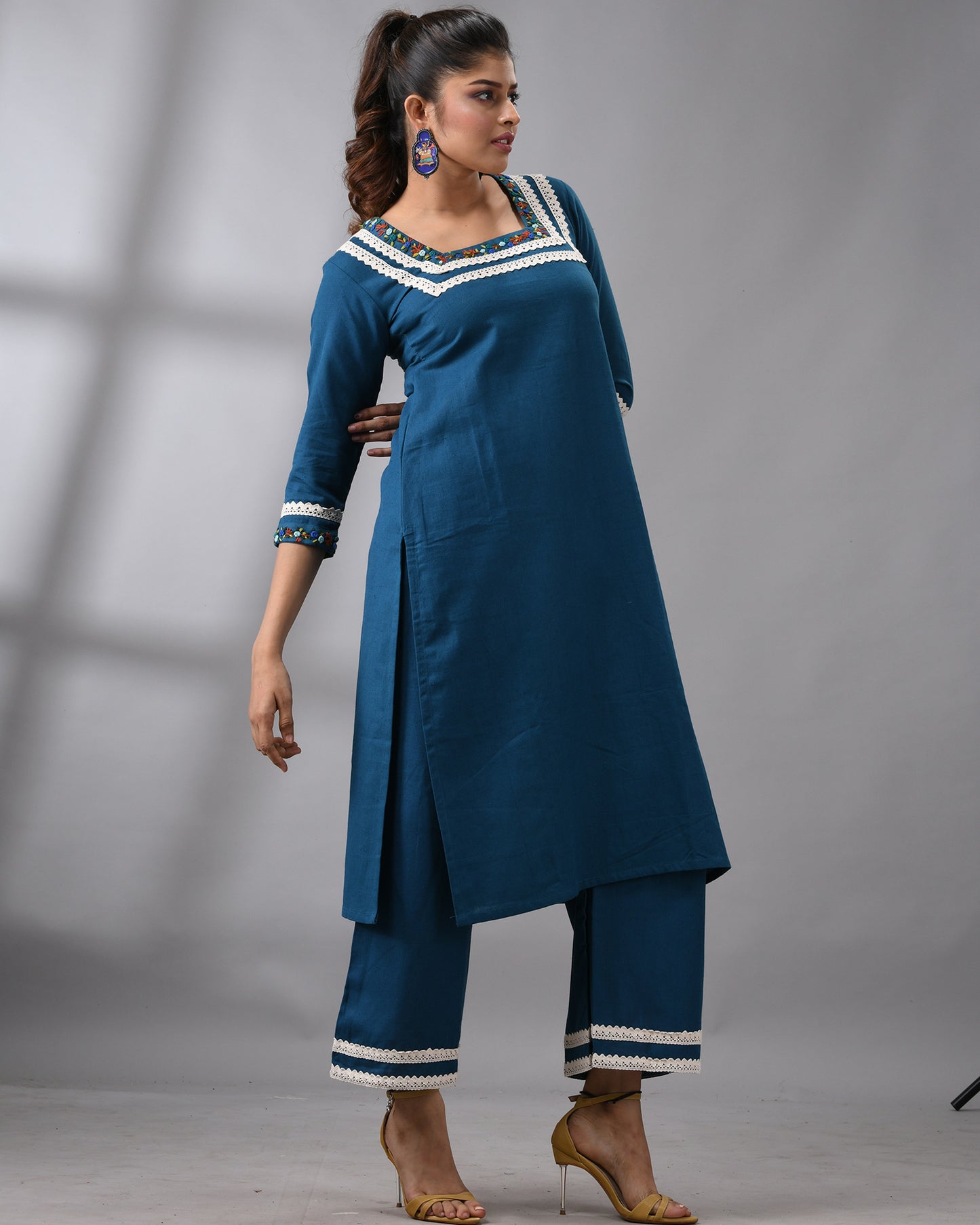 Rubaru - Khadi Blue Parsee Hand Embroidery Three-quarter Sleeve Square Neck Co-Ord Set 100% Cotton for Women