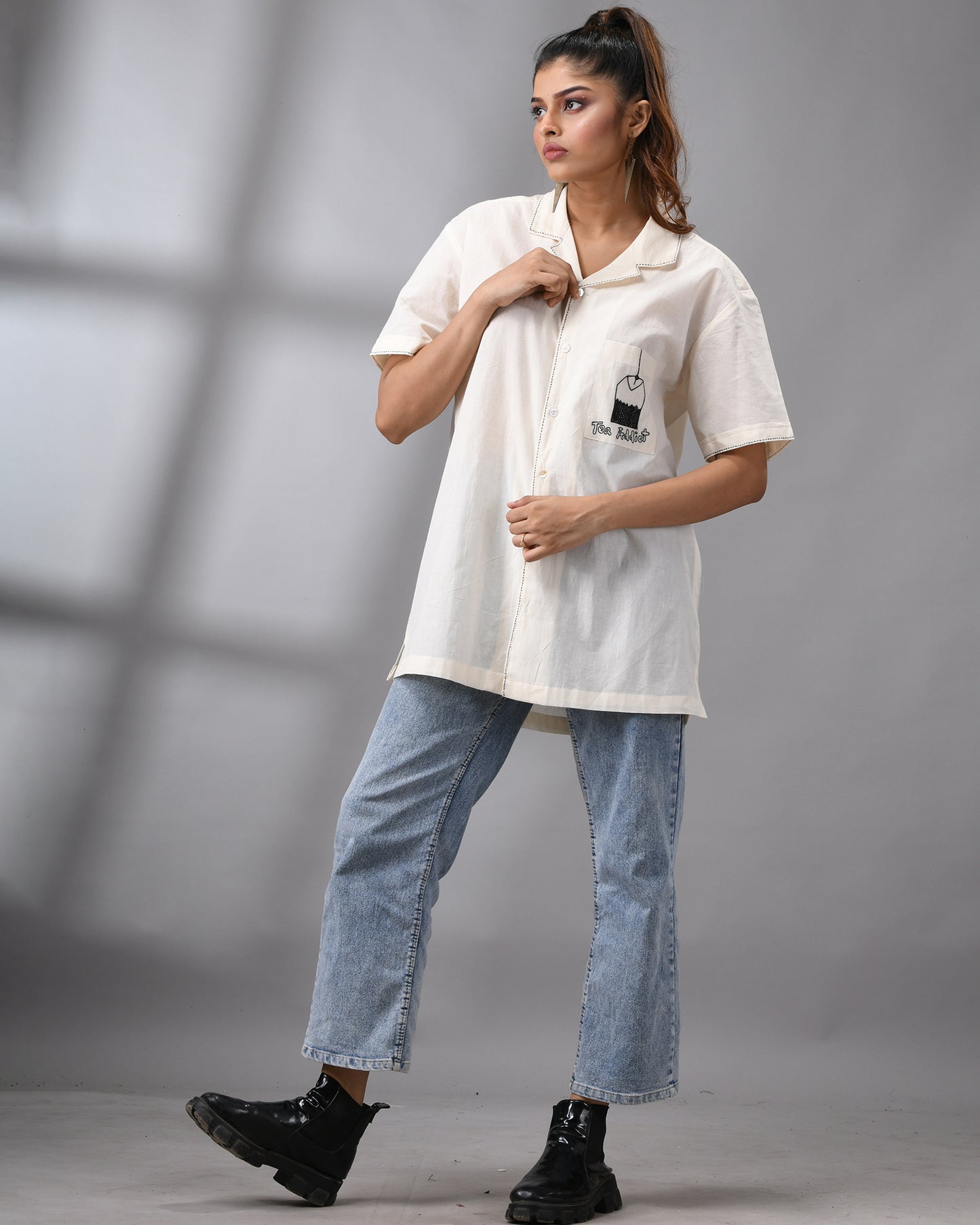Tea Addict - Kora Thread Embroidery Half Sleeve Cuban Collar Shirt 100% Cotton for Women (Unisex)