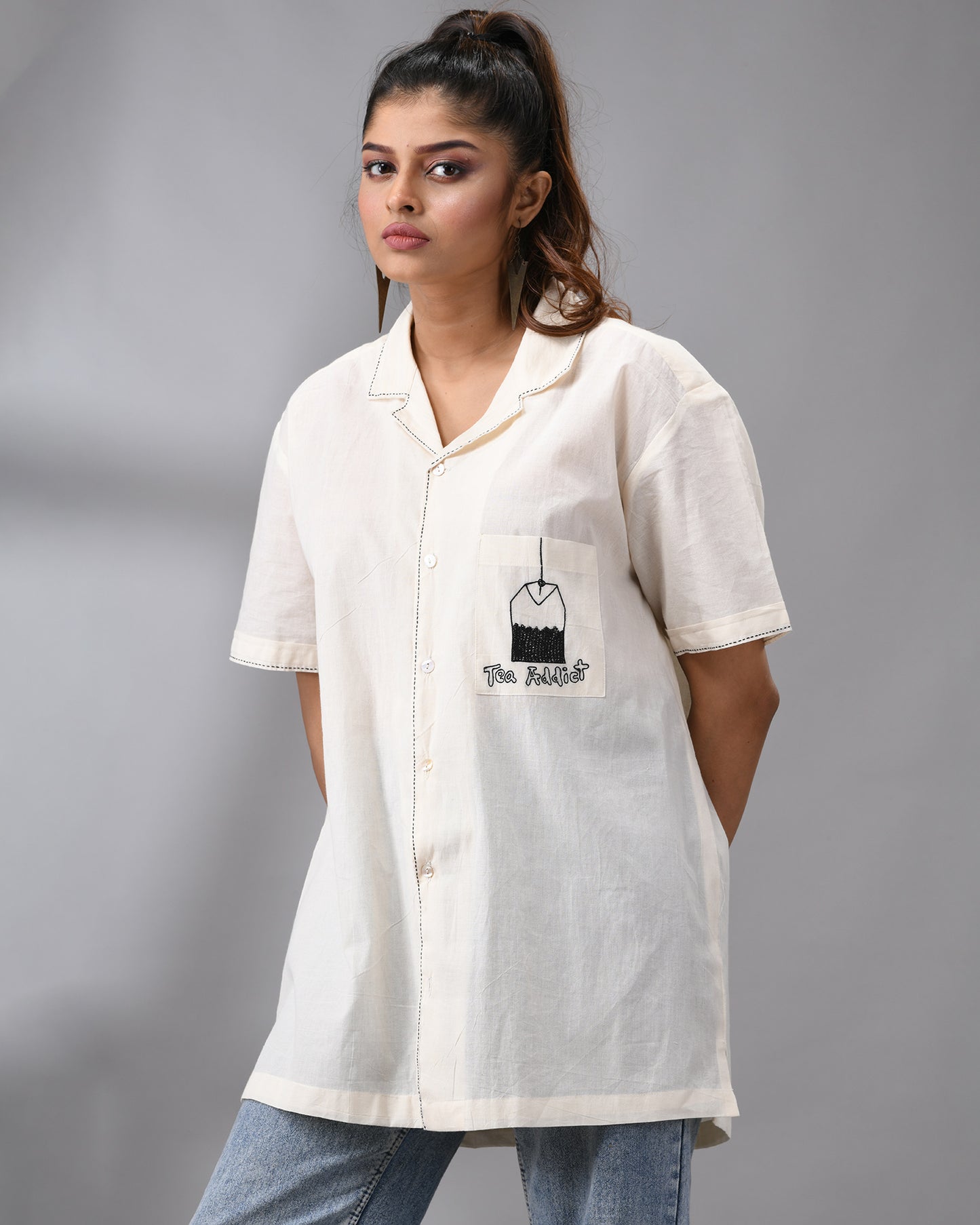 Tea Addict - Kora Thread Embroidery Half Sleeve Cuban Collar Shirt 100% Cotton for Women (Unisex)