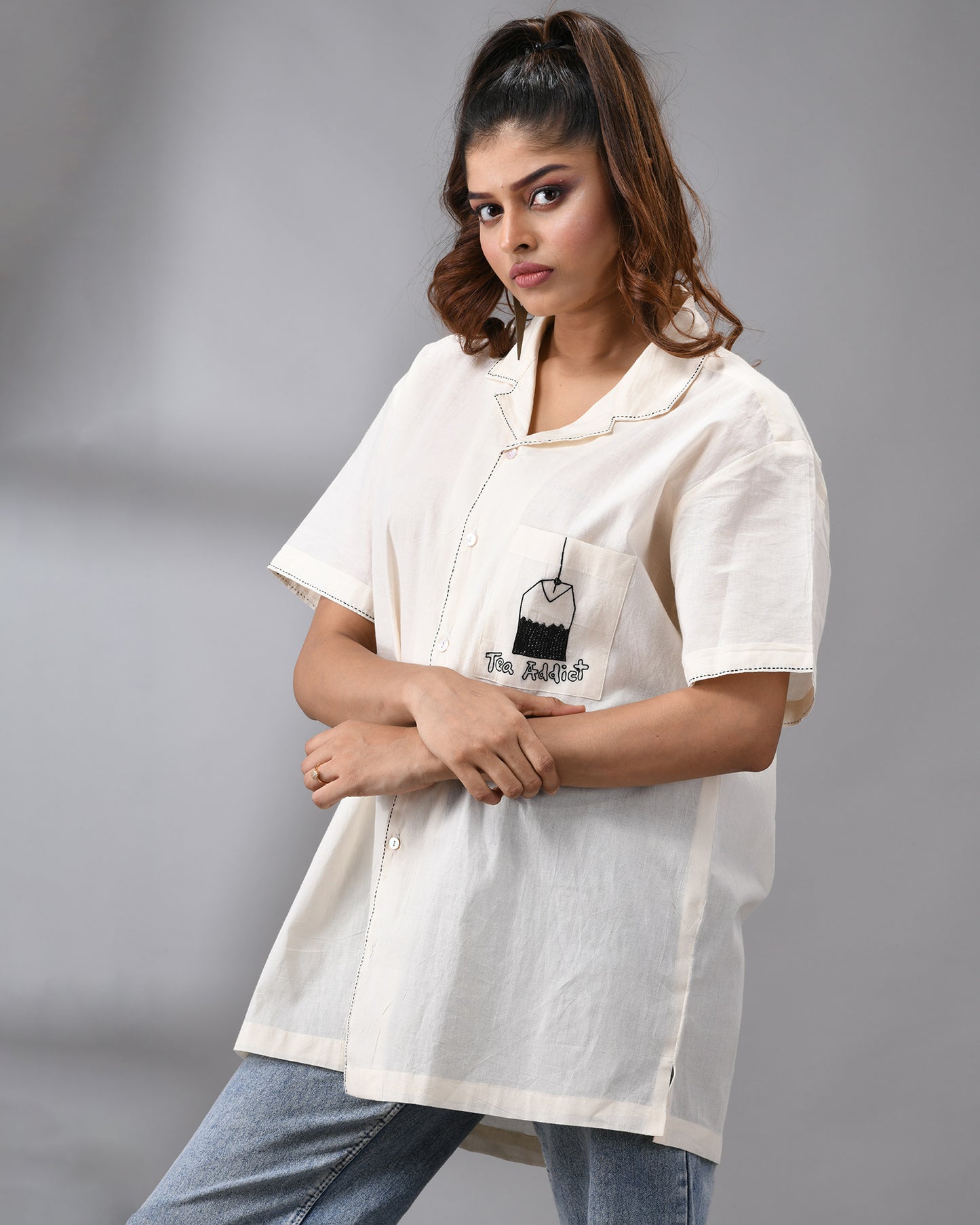 Tea Addict - Kora Thread Embroidery Half Sleeve Cuban Collar Shirt 100% Cotton for Women (Unisex)