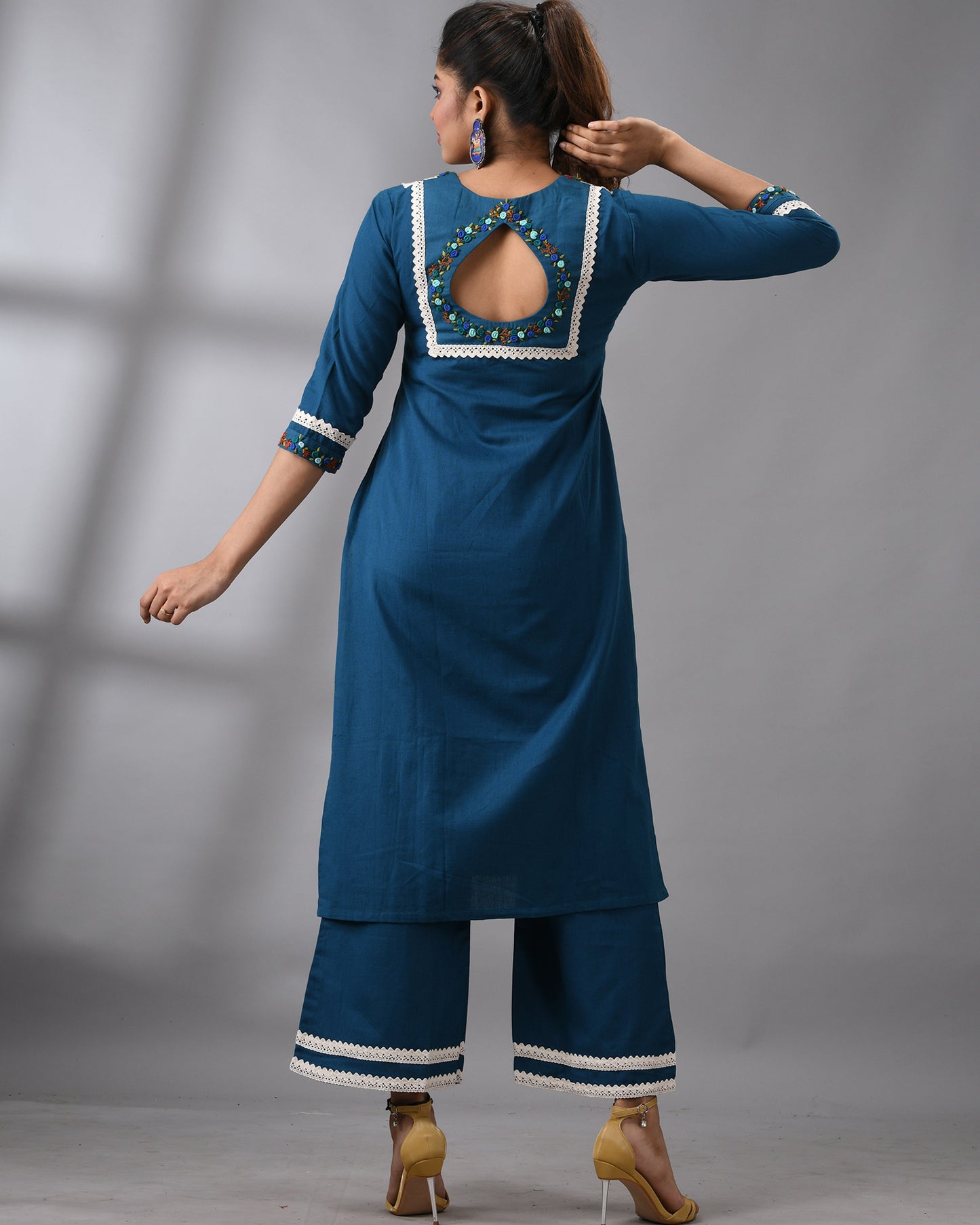 Rubaru - Khadi Blue Parsee Hand Embroidery Three-quarter Sleeve Square Neck Co-Ord Set 100% Cotton for Women
