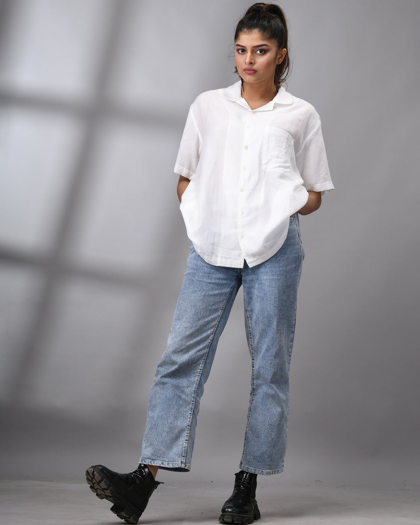 Shwetaambari - Half Sleeve Cuban Collar Shirt Cotton and Silk Blend for Women (Unisex)