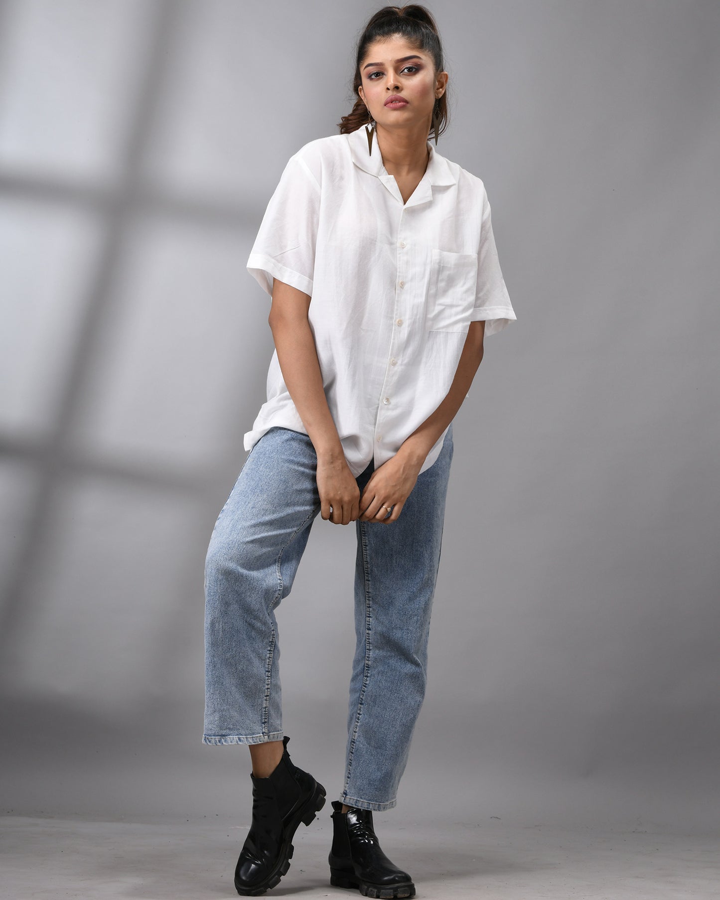 Shwetaambari - Half Sleeve Cuban Collar Shirt Cotton and Silk Blend for Women (Unisex)