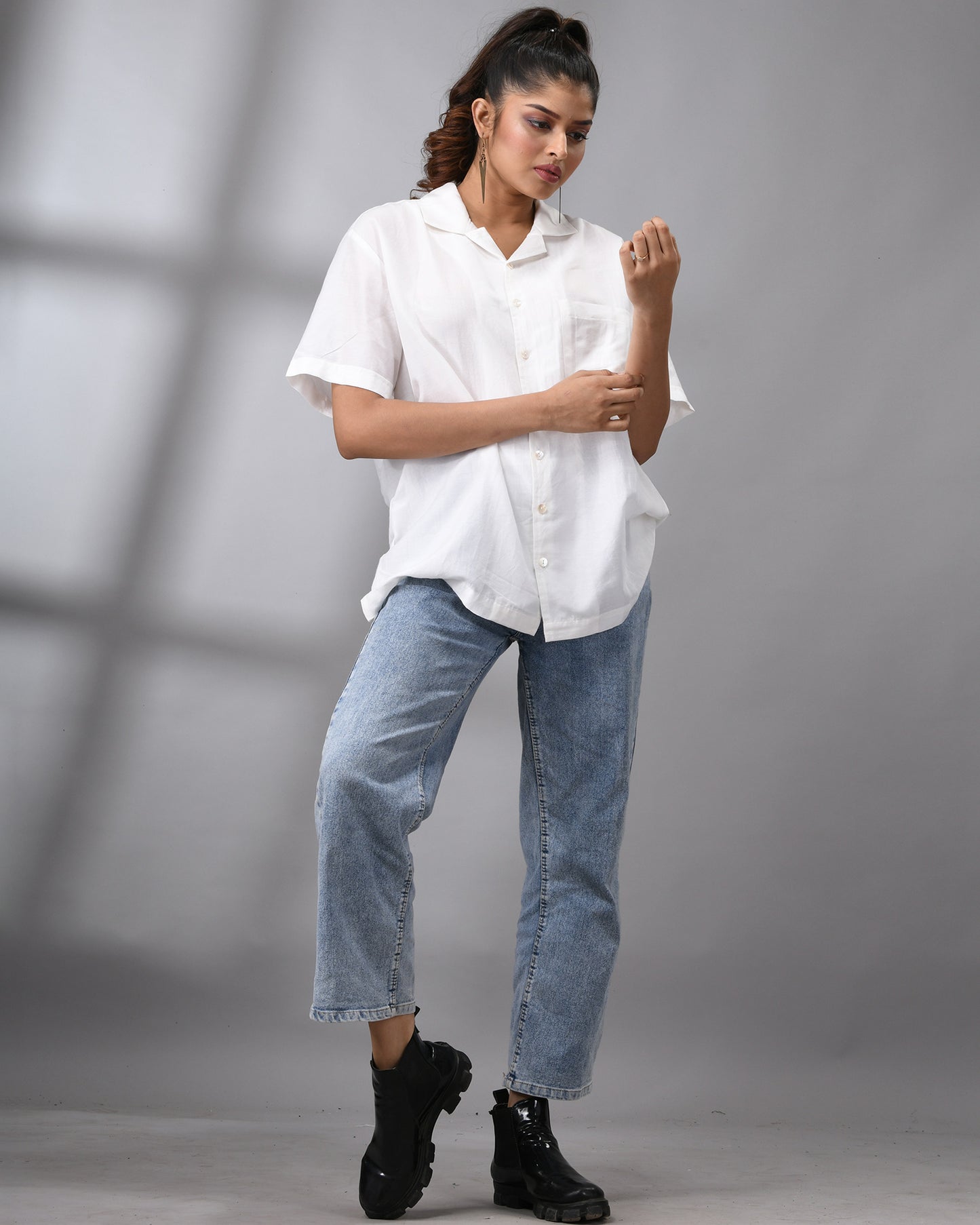 Shwetaambari - Half Sleeve Cuban Collar Shirt Cotton and Silk Blend for Women (Unisex)