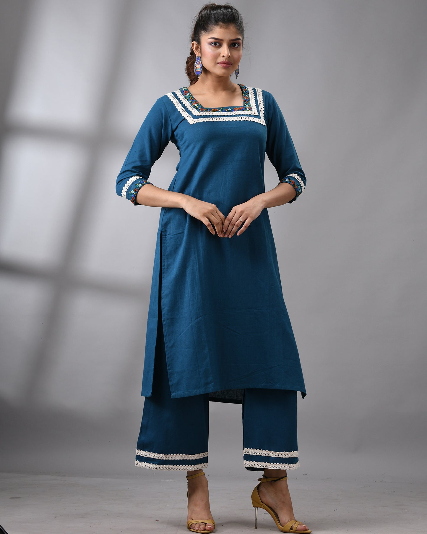 Rubaru - Khadi Blue Parsee Hand Embroidery Three-quarter Sleeve Square Neck Co-Ord Set 100% Cotton for Women
