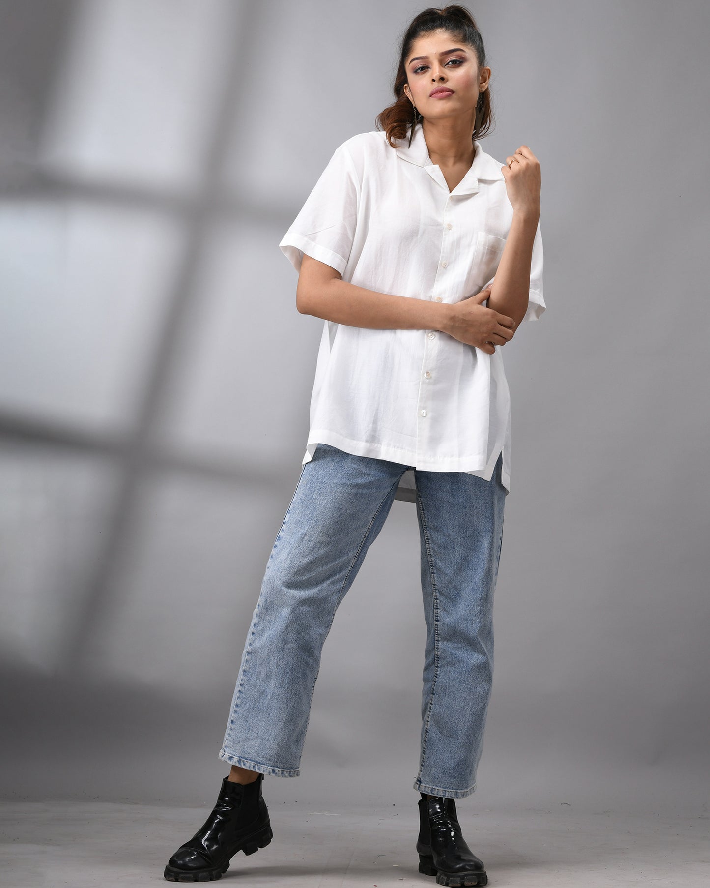 Shwetaambari - Half Sleeve Cuban Collar Shirt Cotton and Silk Blend for Women (Unisex)