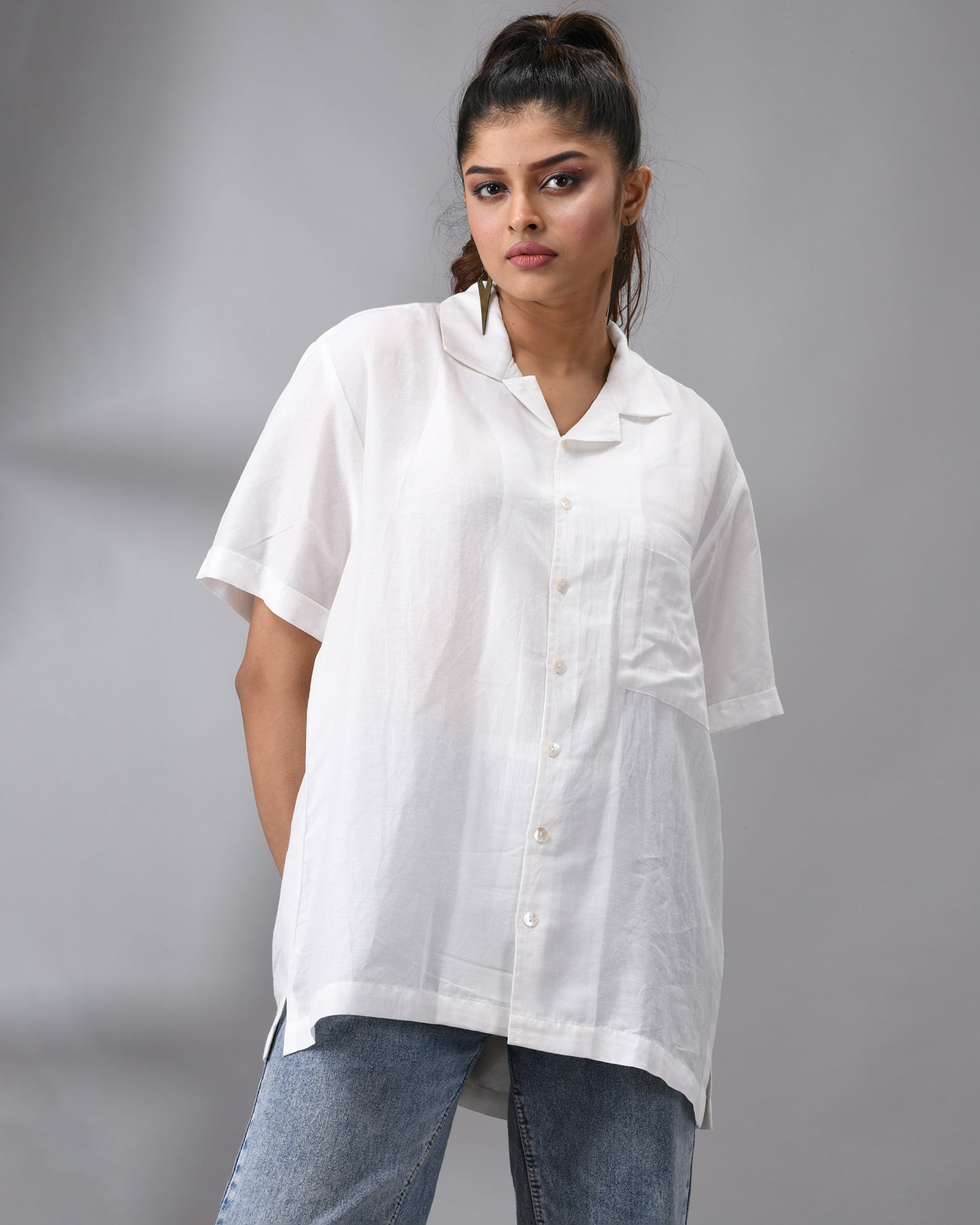Shwetaambari - Half Sleeve Cuban Collar Shirt Cotton and Silk Blend for Women (Unisex)