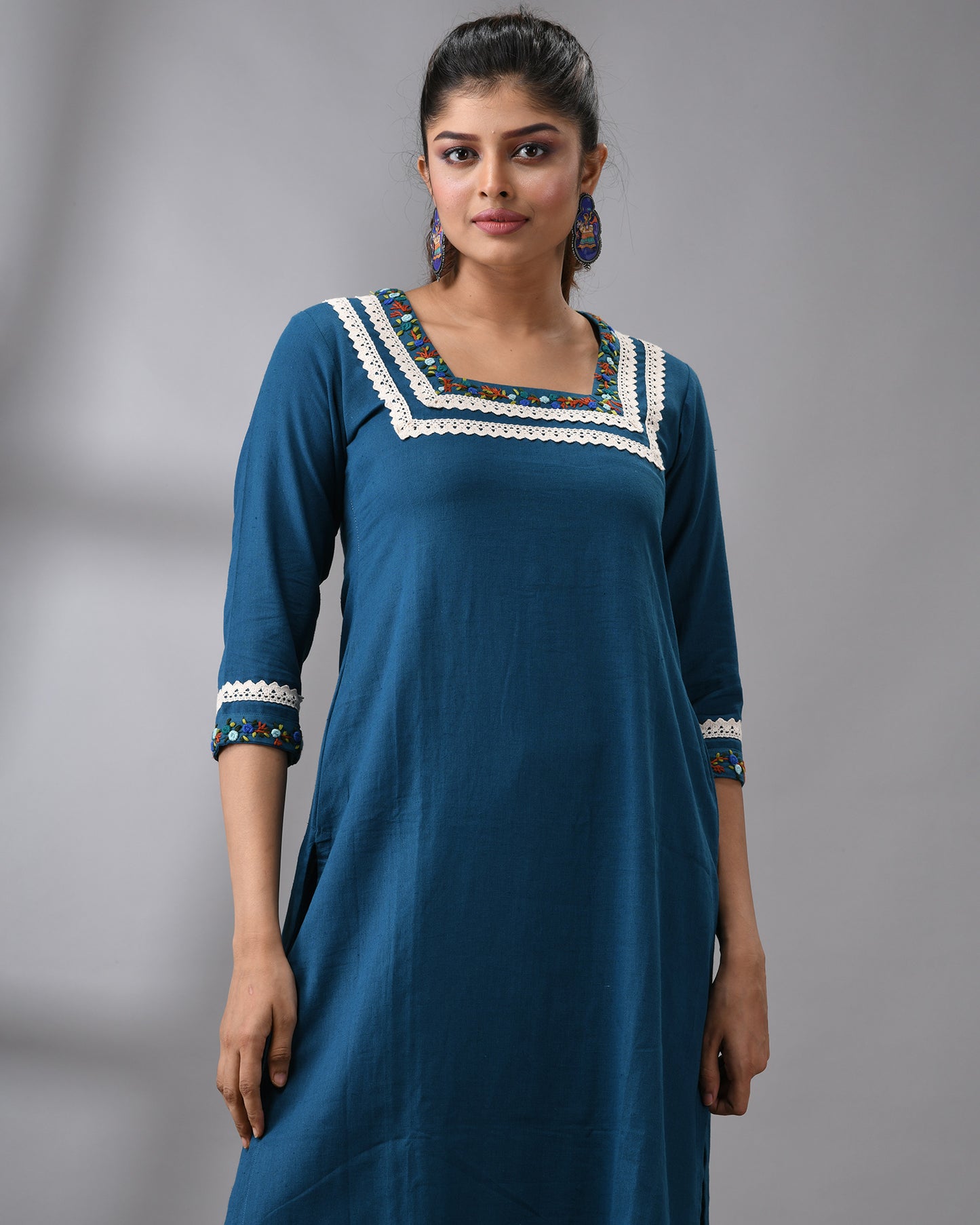 Rubaru - Khadi Blue Parsee Hand Embroidery Three-quarter Sleeve Square Neck Co-Ord Set 100% Cotton for Women