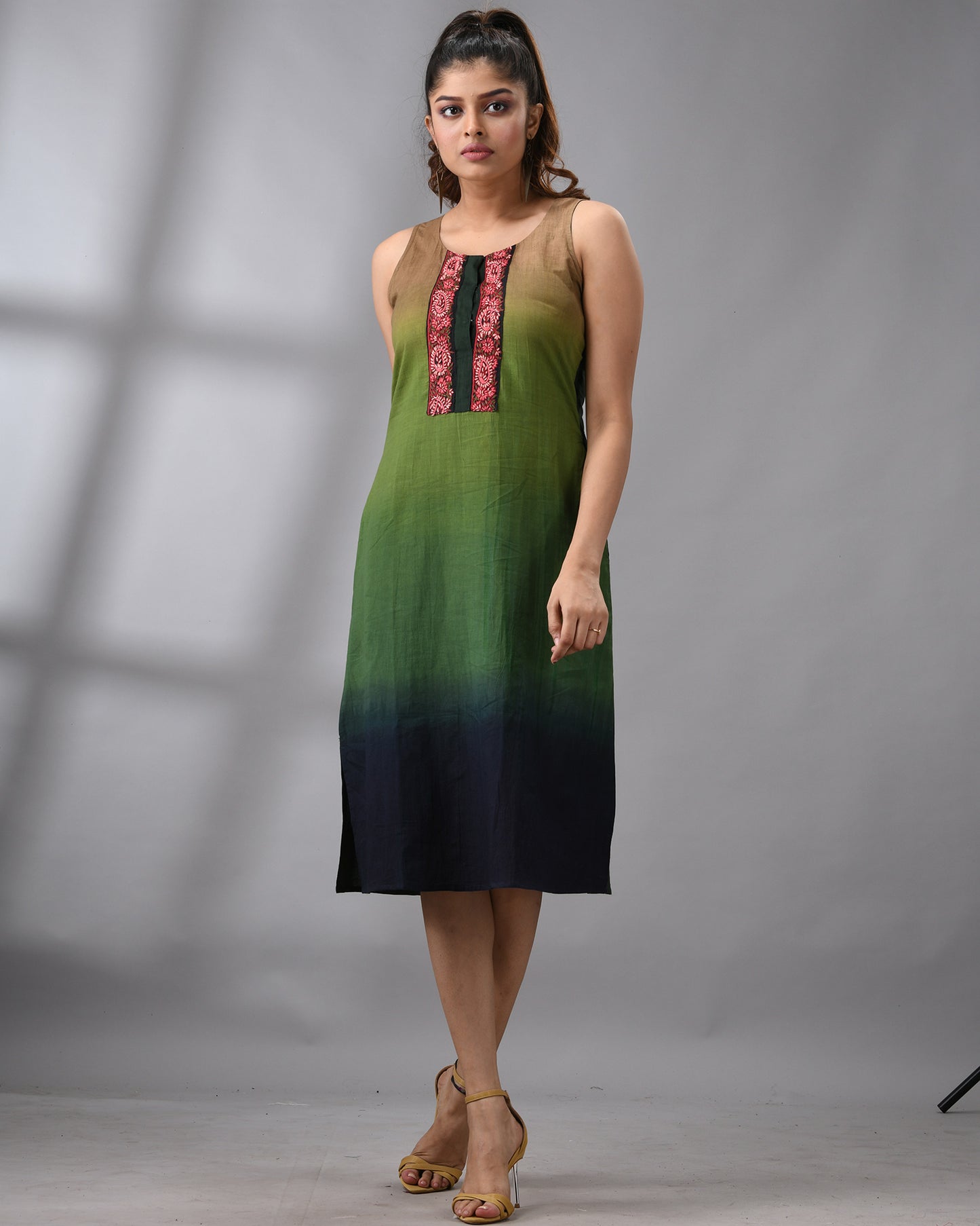 Ombre Kashmiri - Hand Embroidery Sleeveless Round Neck Dress Regular fit 100% Cotton for Women