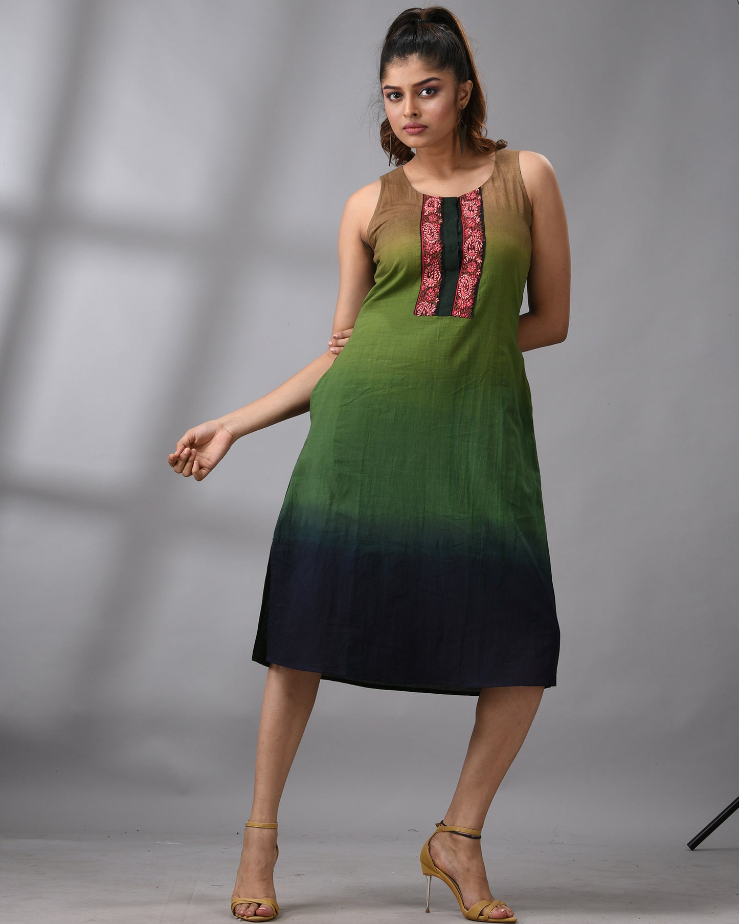 Ombre Kashmiri - Hand Embroidery Sleeveless Round Neck Dress Regular fit 100% Cotton for Women