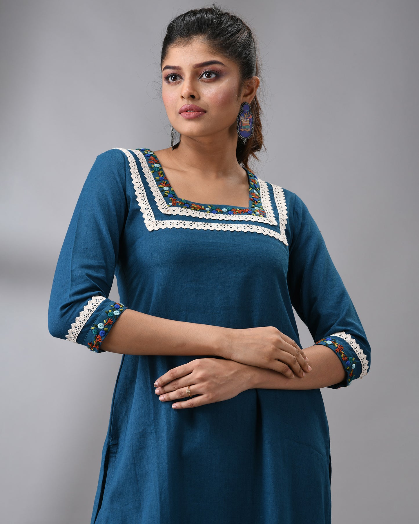 Rubaru - Khadi Blue Parsee Hand Embroidery Three-quarter Sleeve Square Neck Co-Ord Set 100% Cotton for Women