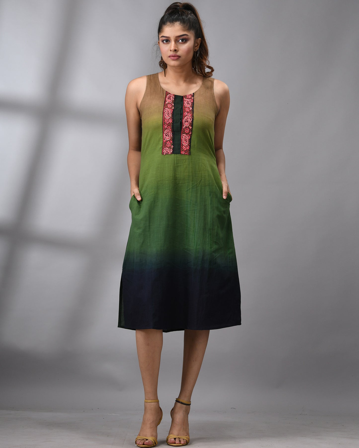 Ombre Kashmiri - Hand Embroidery Sleeveless Round Neck Dress Regular fit 100% Cotton for Women