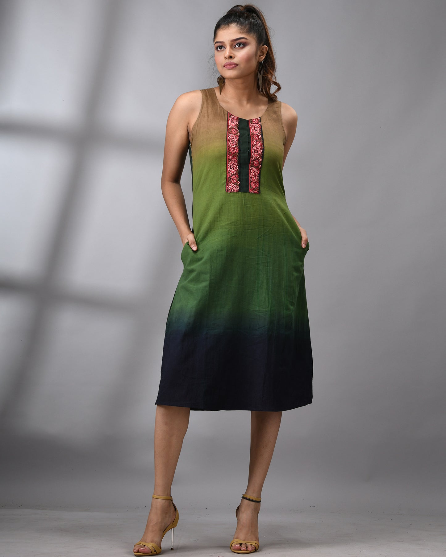 Ombre Kashmiri - Hand Embroidery Sleeveless Round Neck Dress Regular fit 100% Cotton for Women