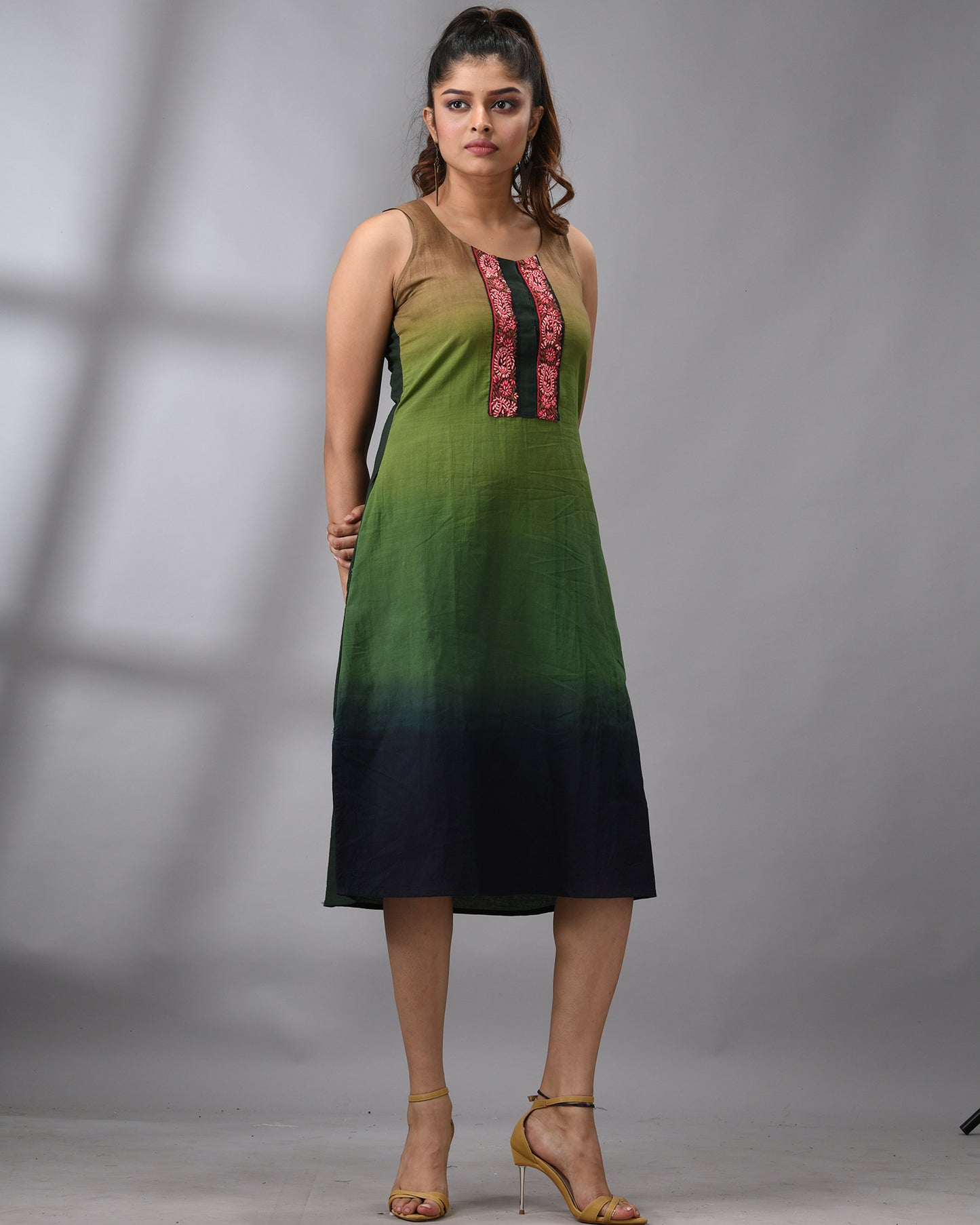 Ombre Kashmiri - Hand Embroidery Sleeveless Round Neck Dress Regular fit 100% Cotton for Women