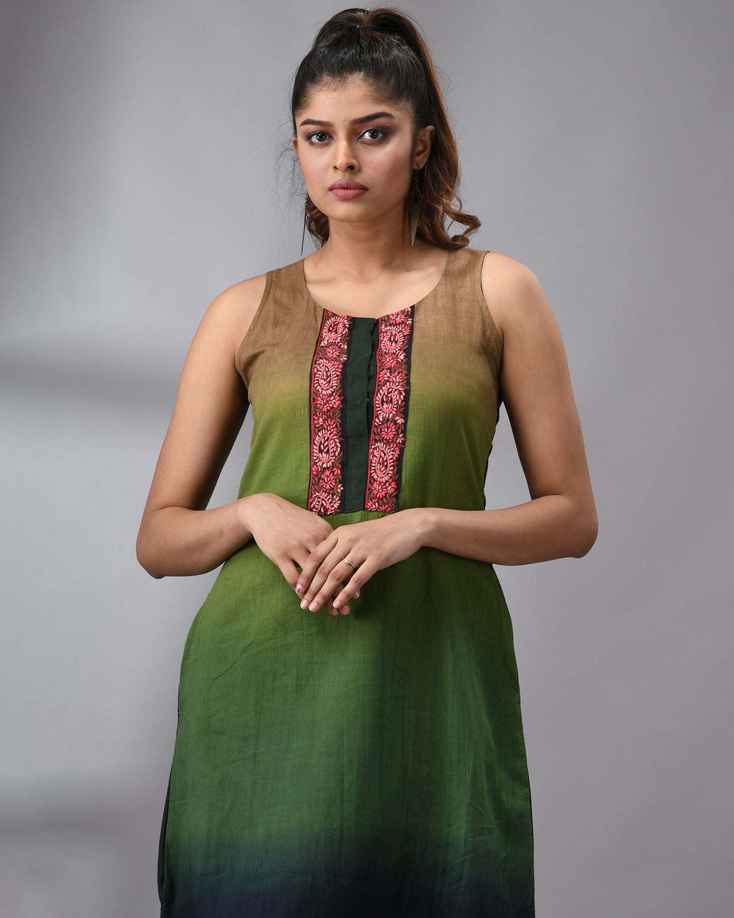 Ombre Kashmiri - Hand Embroidery Sleeveless Round Neck Dress Regular fit 100% Cotton for Women