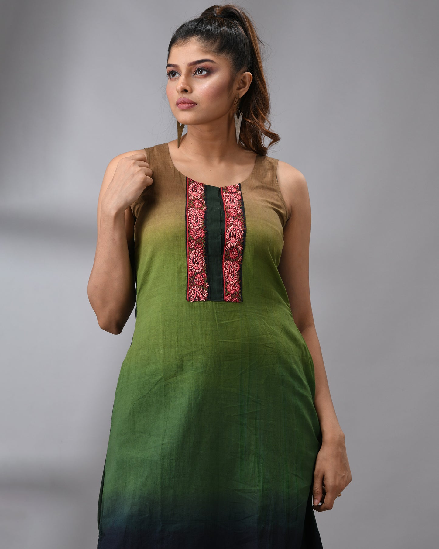 Ombre Kashmiri - Hand Embroidery Sleeveless Round Neck Dress Regular fit 100% Cotton for Women
