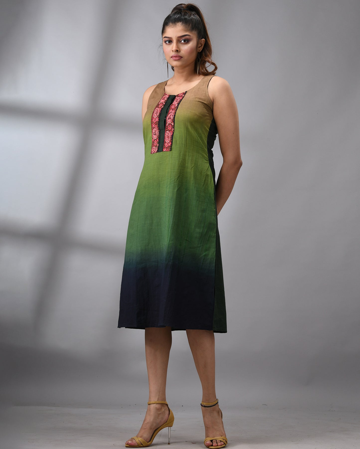 Ombre Kashmiri - Hand Embroidery Sleeveless Round Neck Dress Regular fit 100% Cotton for Women