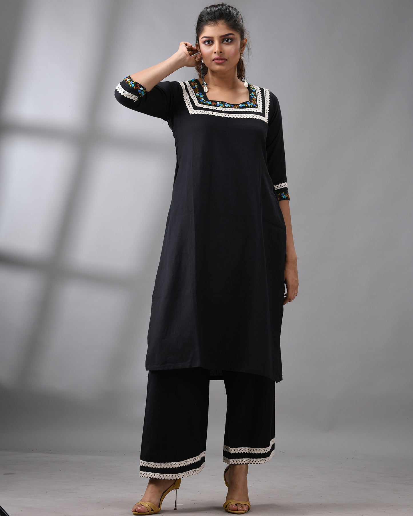 Rubaru - Khadi Black Parsee Hand Embroidery Three-quarter Sleeve Square Neck Co-Ord Set 100% Cotton for Women