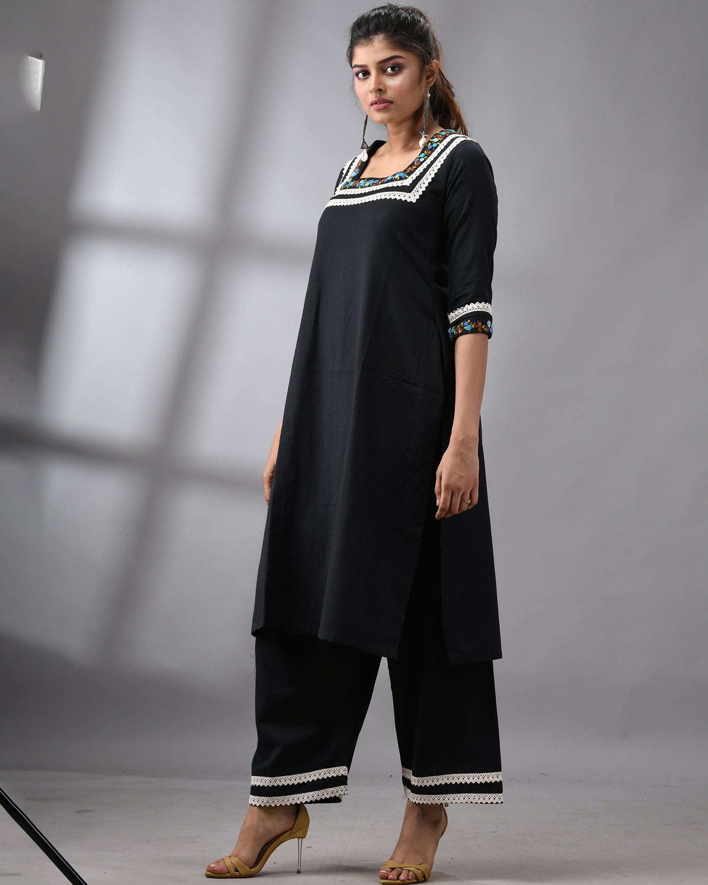 Rubaru - Khadi Black Parsee Hand Embroidery Three-quarter Sleeve Square Neck Co-Ord Set 100% Cotton for Women