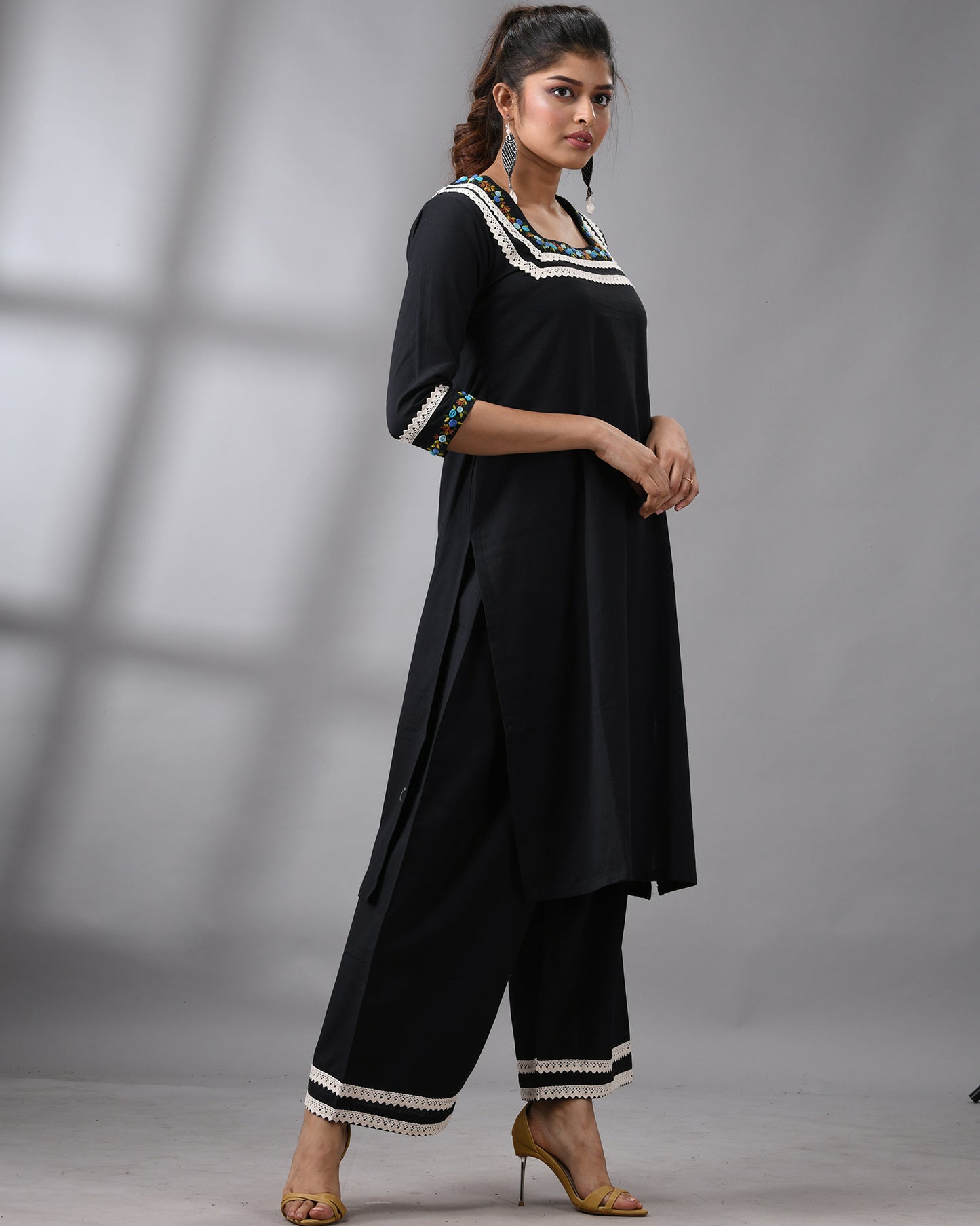 Rubaru - Khadi Black Parsee Hand Embroidery Three-quarter Sleeve Square Neck Co-Ord Set 100% Cotton for Women