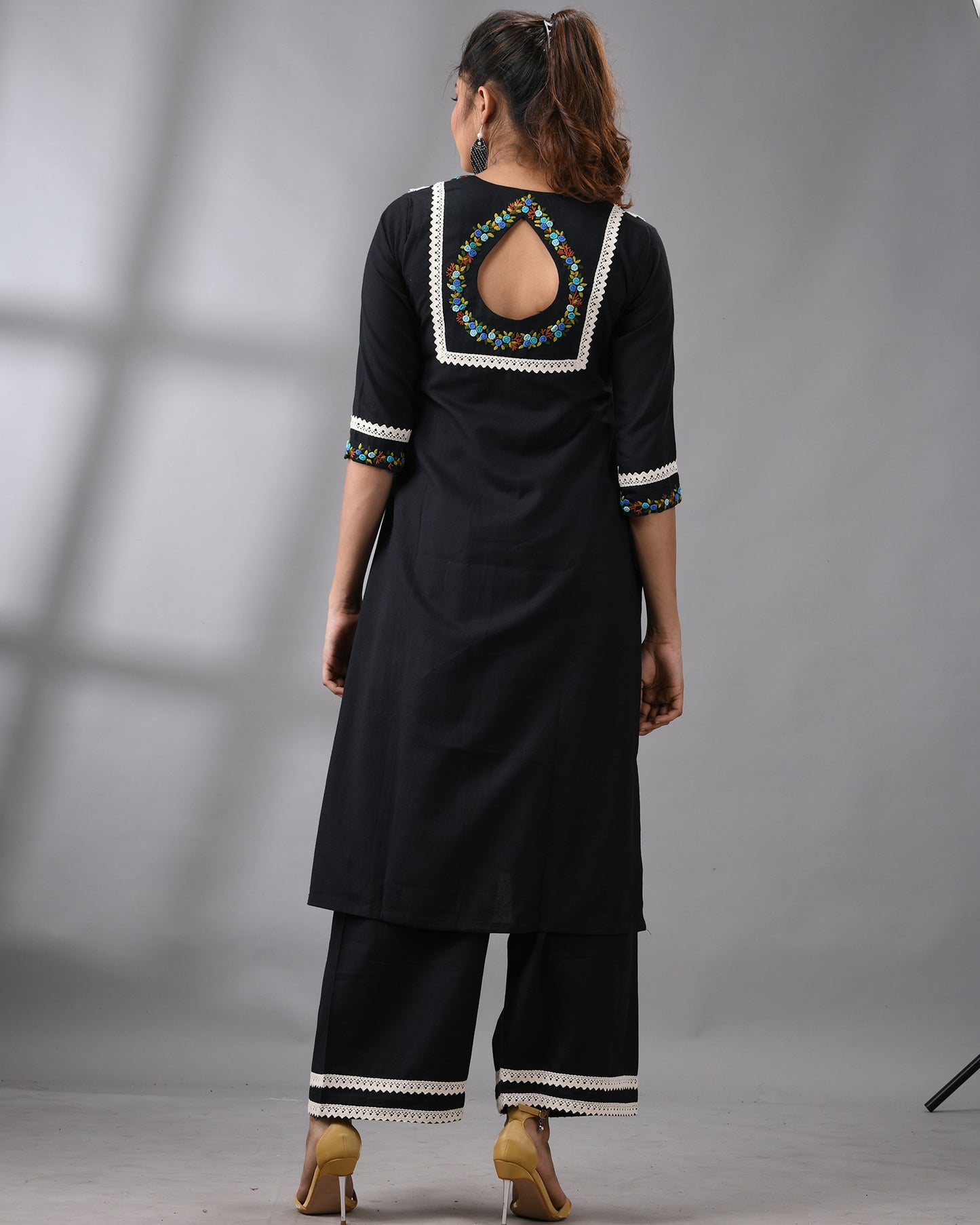 Rubaru - Khadi Black Parsee Hand Embroidery Three-quarter Sleeve Square Neck Co-Ord Set 100% Cotton for Women