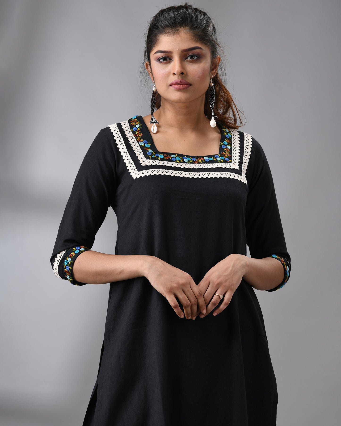 Rubaru - Khadi Black Parsee Hand Embroidery Three-quarter Sleeve Square Neck Co-Ord Set 100% Cotton for Women
