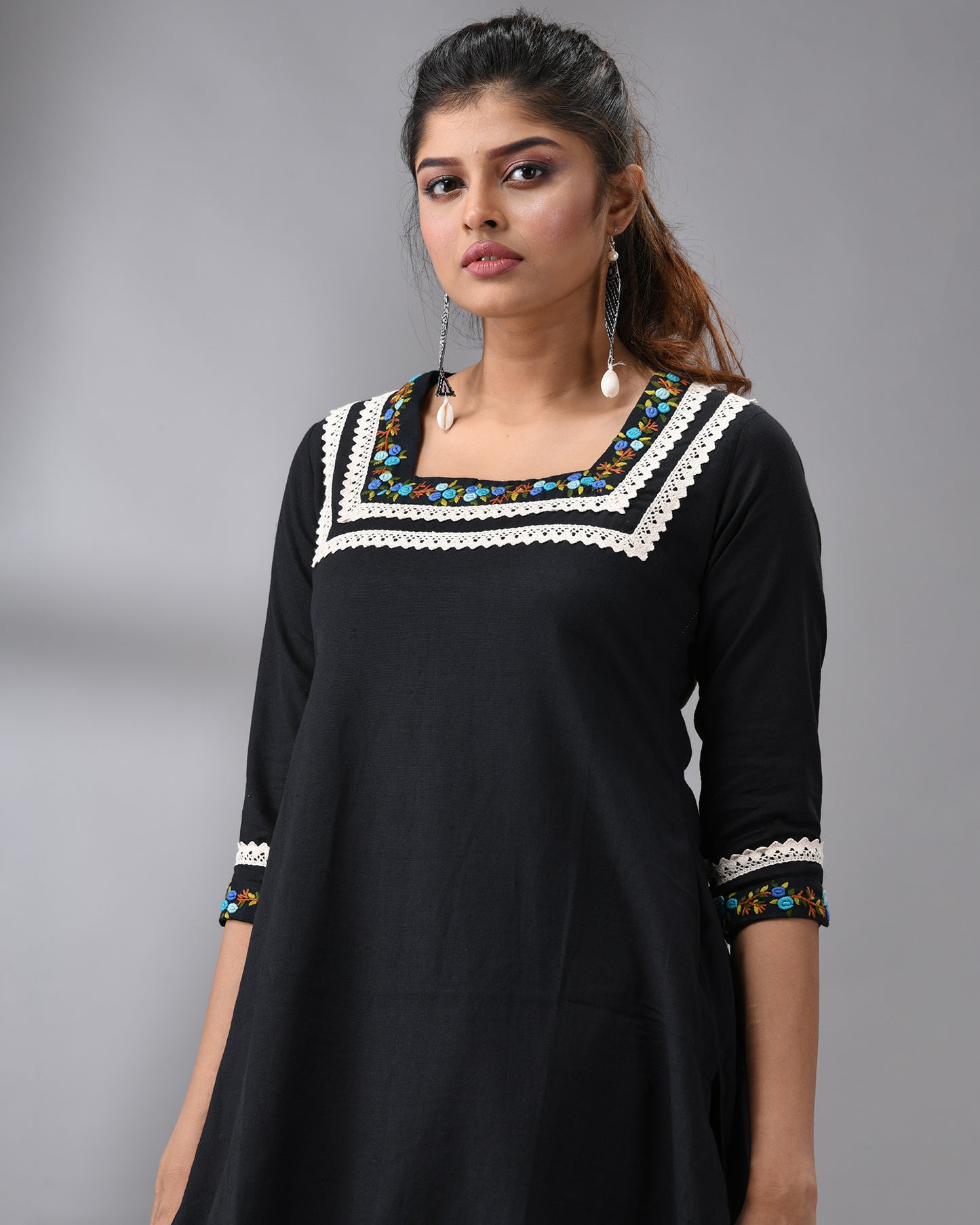 Rubaru - Khadi Black Parsee Hand Embroidery Three-quarter Sleeve Square Neck Co-Ord Set 100% Cotton for Women