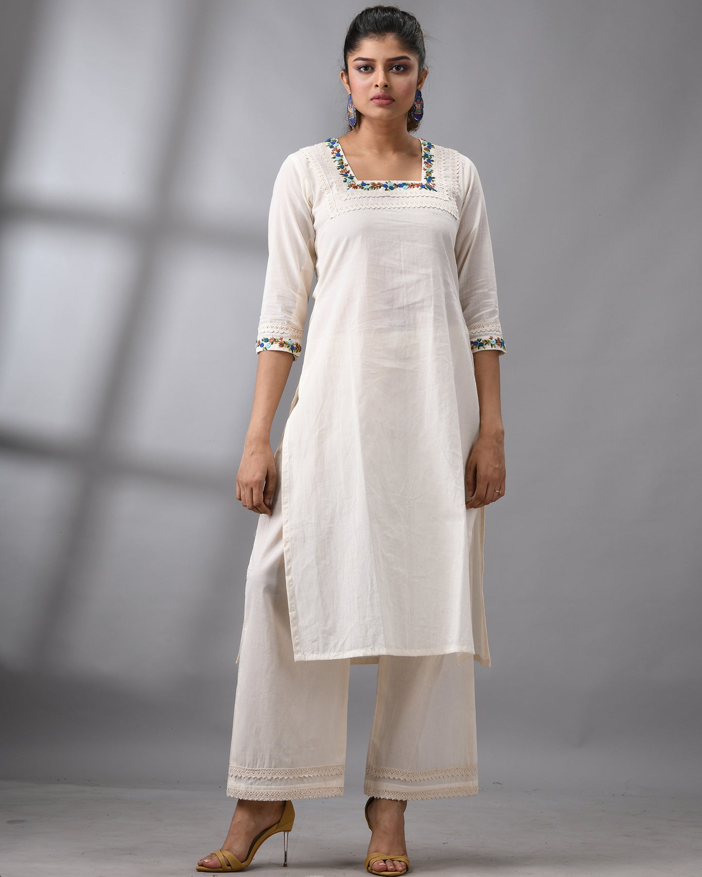 Rubaru - Kora Parsee Hand Embroidery Three-Quarter Sleeve Square Neck Co-Ord Set 100% Cotton for Women