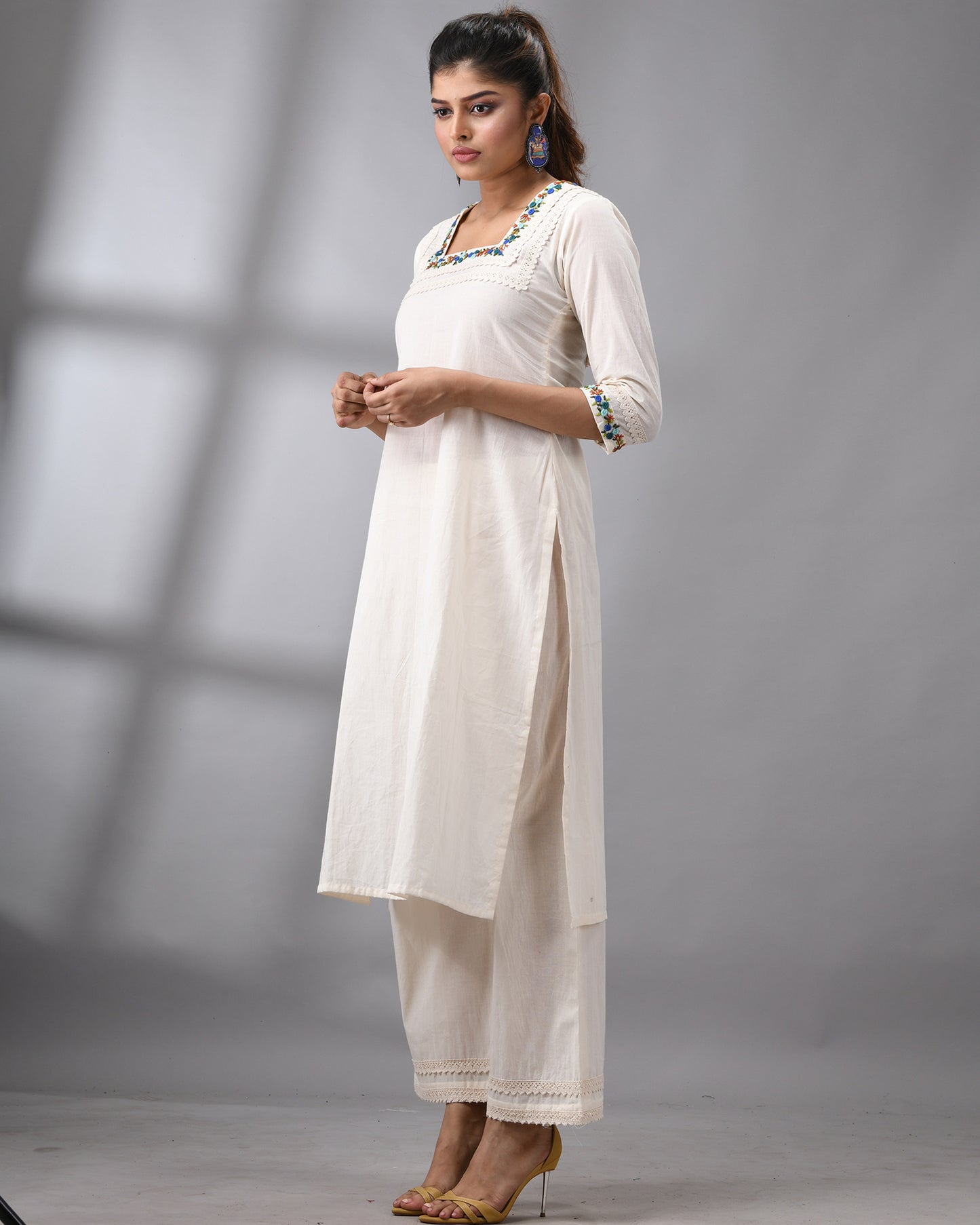 Rubaru - Kora Parsee Hand Embroidery Three-Quarter Sleeve Square Neck Co-Ord Set 100% Cotton for Women