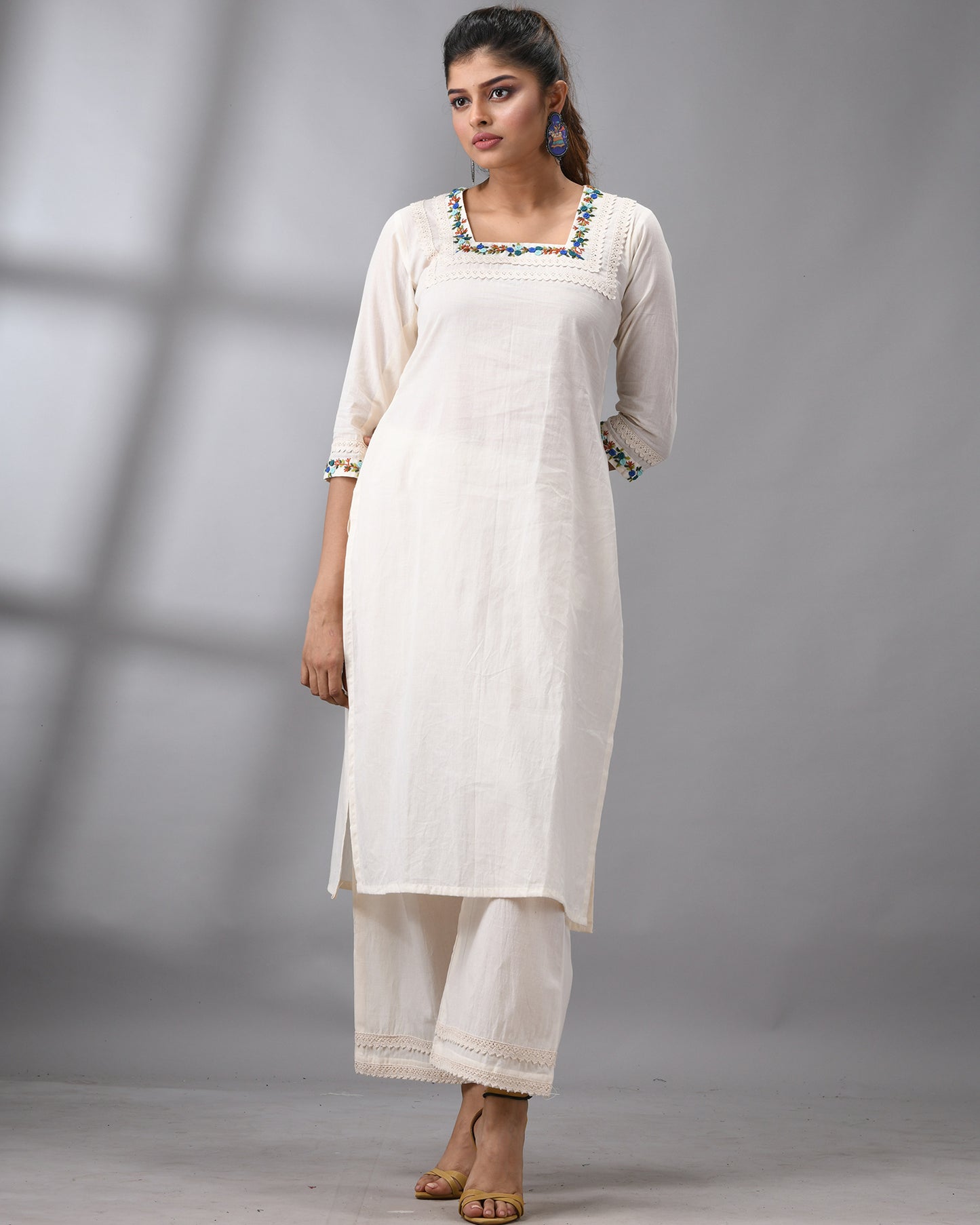 Rubaru - Kora Parsee Hand Embroidery Three-Quarter Sleeve Square Neck Co-Ord Set 100% Cotton for Women