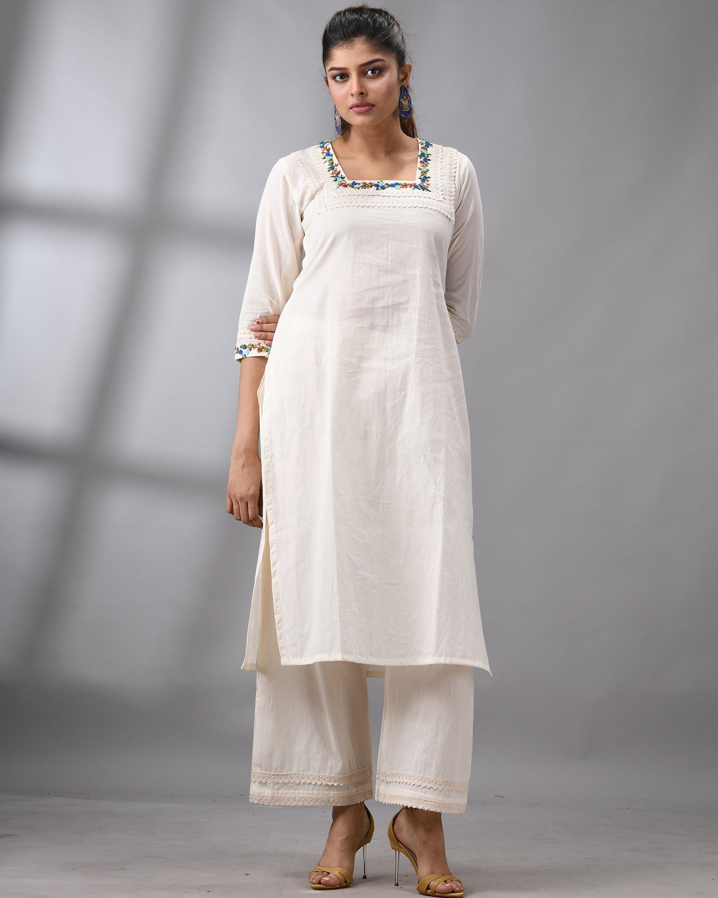 Rubaru - Kora Parsee Hand Embroidery Three-Quarter Sleeve Square Neck Co-Ord Set 100% Cotton for Women