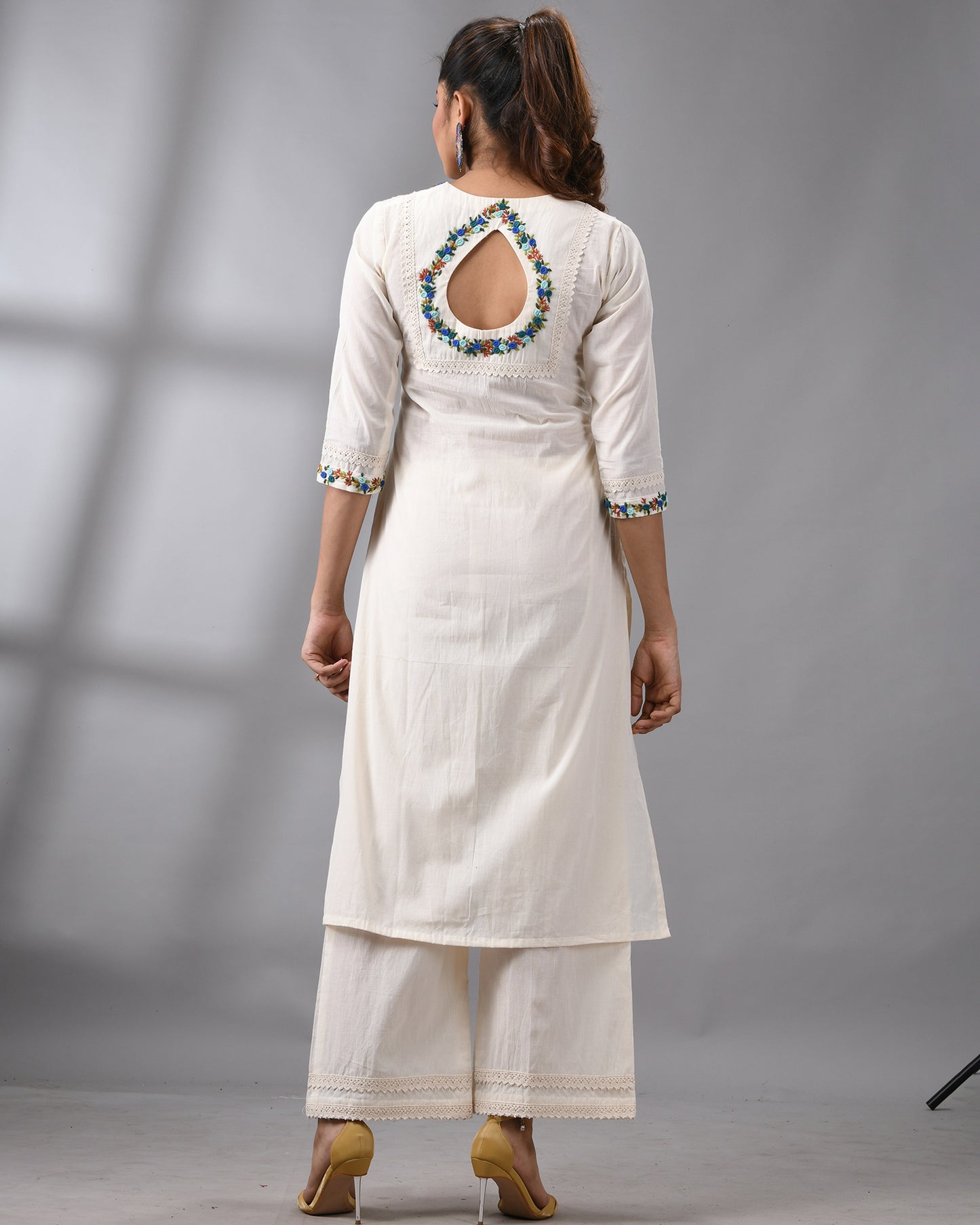 Rubaru - Kora Parsee Hand Embroidery Three-Quarter Sleeve Square Neck Co-Ord Set 100% Cotton for Women