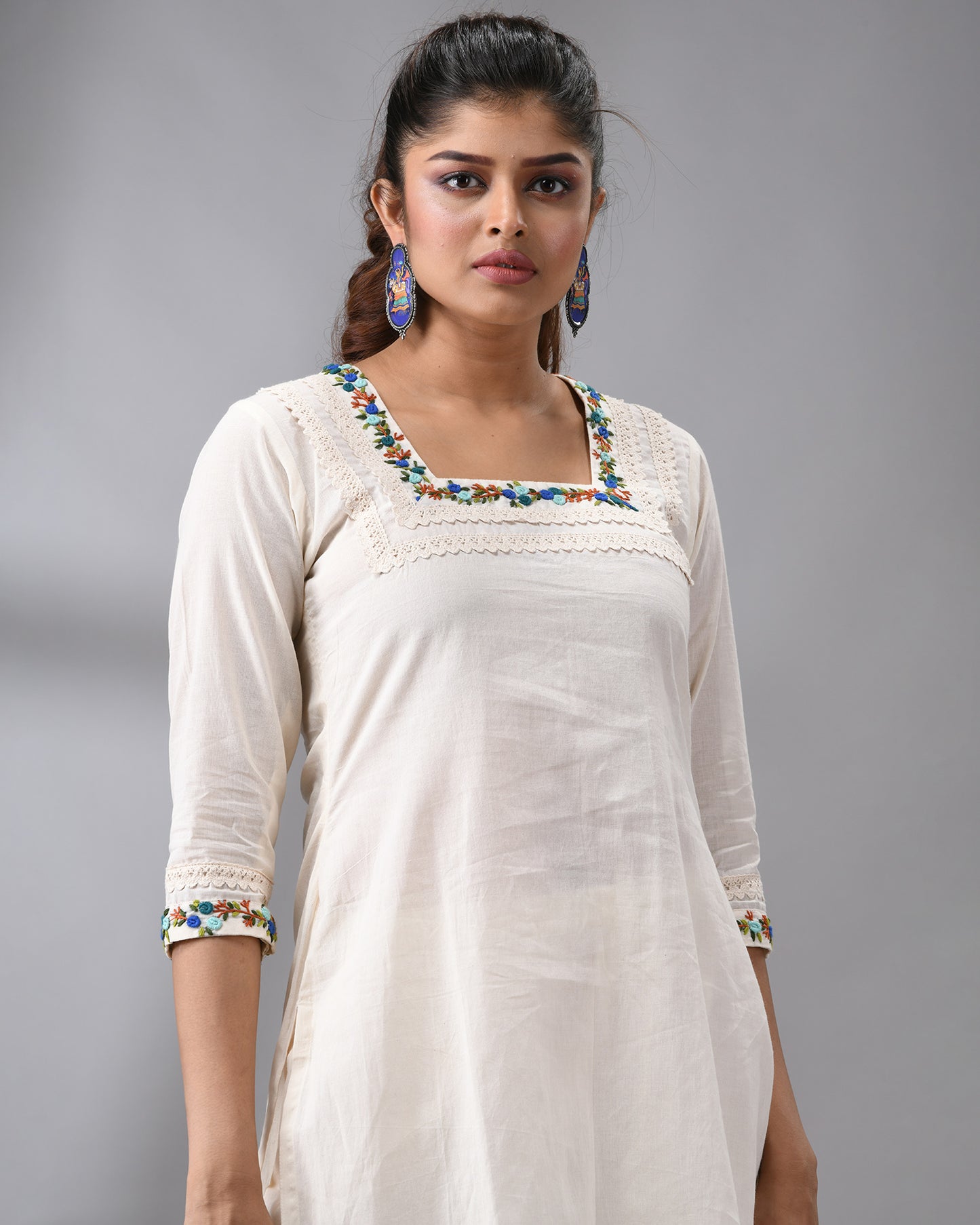 Rubaru - Kora Parsee Hand Embroidery Three-Quarter Sleeve Square Neck Co-Ord Set 100% Cotton for Women
