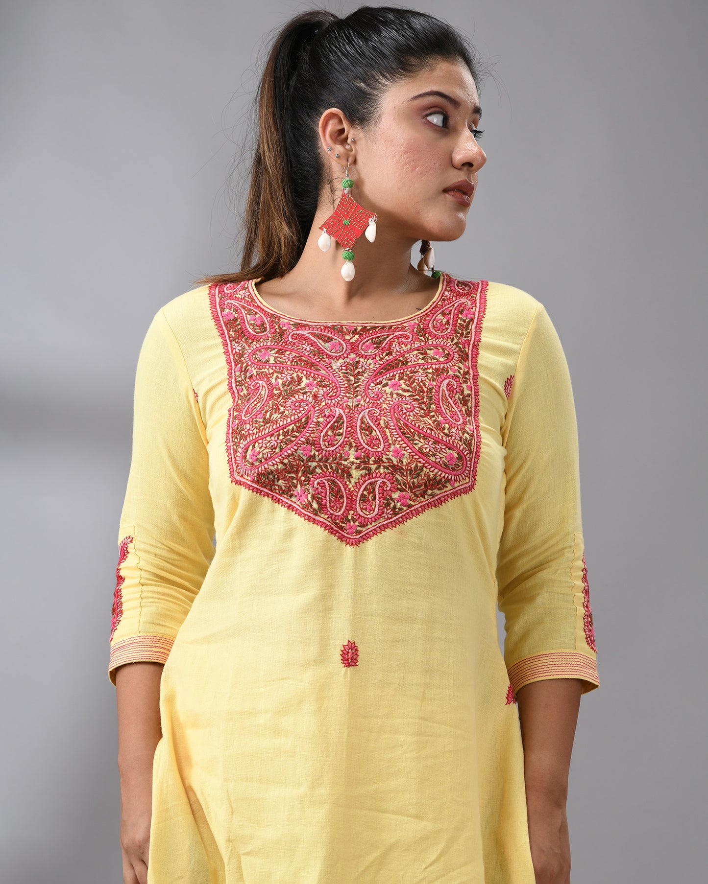 Kashmir kolka - Kashmiri Hand Embroidery Three-quarter Sleeve Round Neck Co-Ord Set 100% Cotton for Women