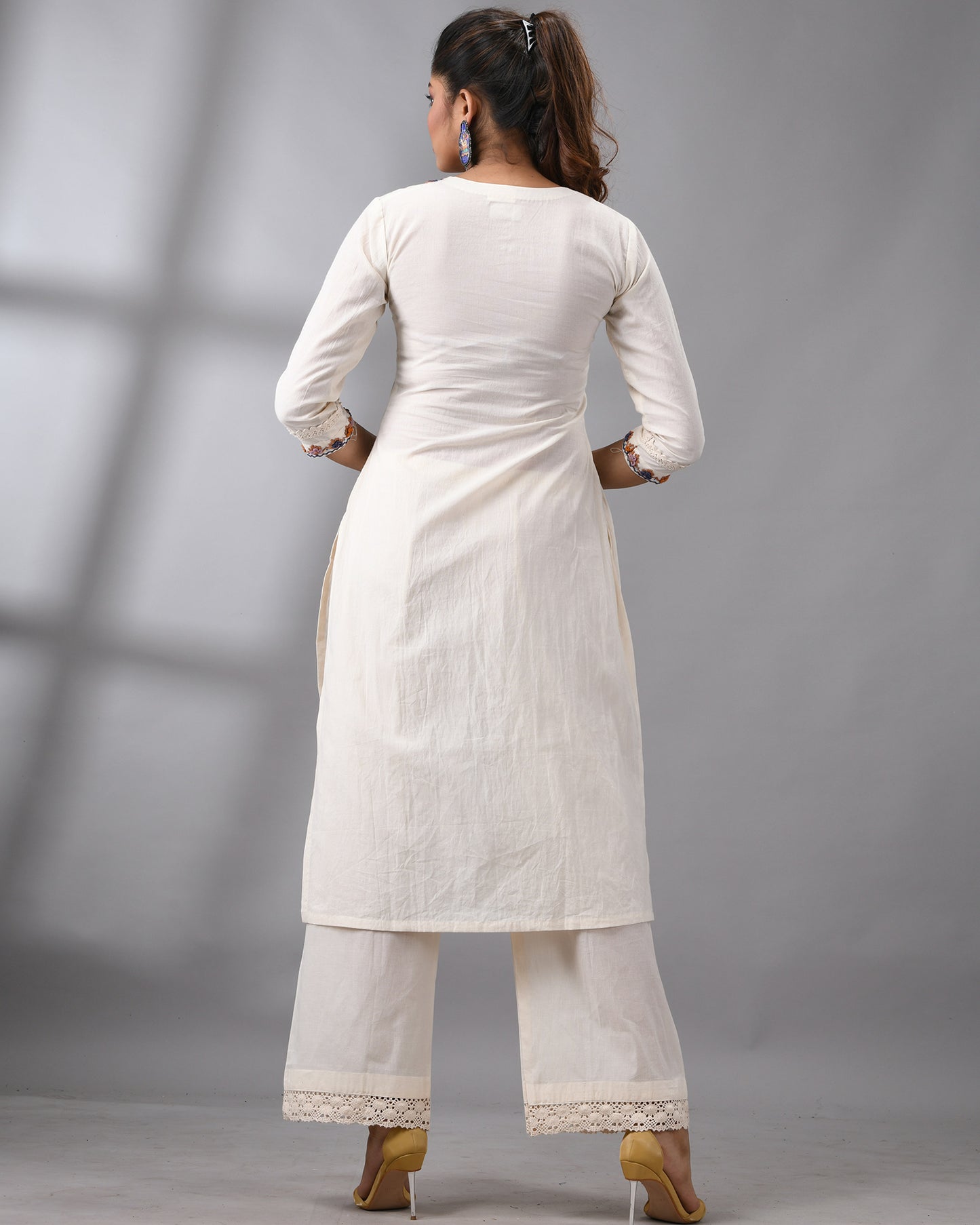 Ishana - Parsee Hand Embroidery Three-Quarter Sleeve Round Neck Co-Ord Set 100% Cotton for Women
