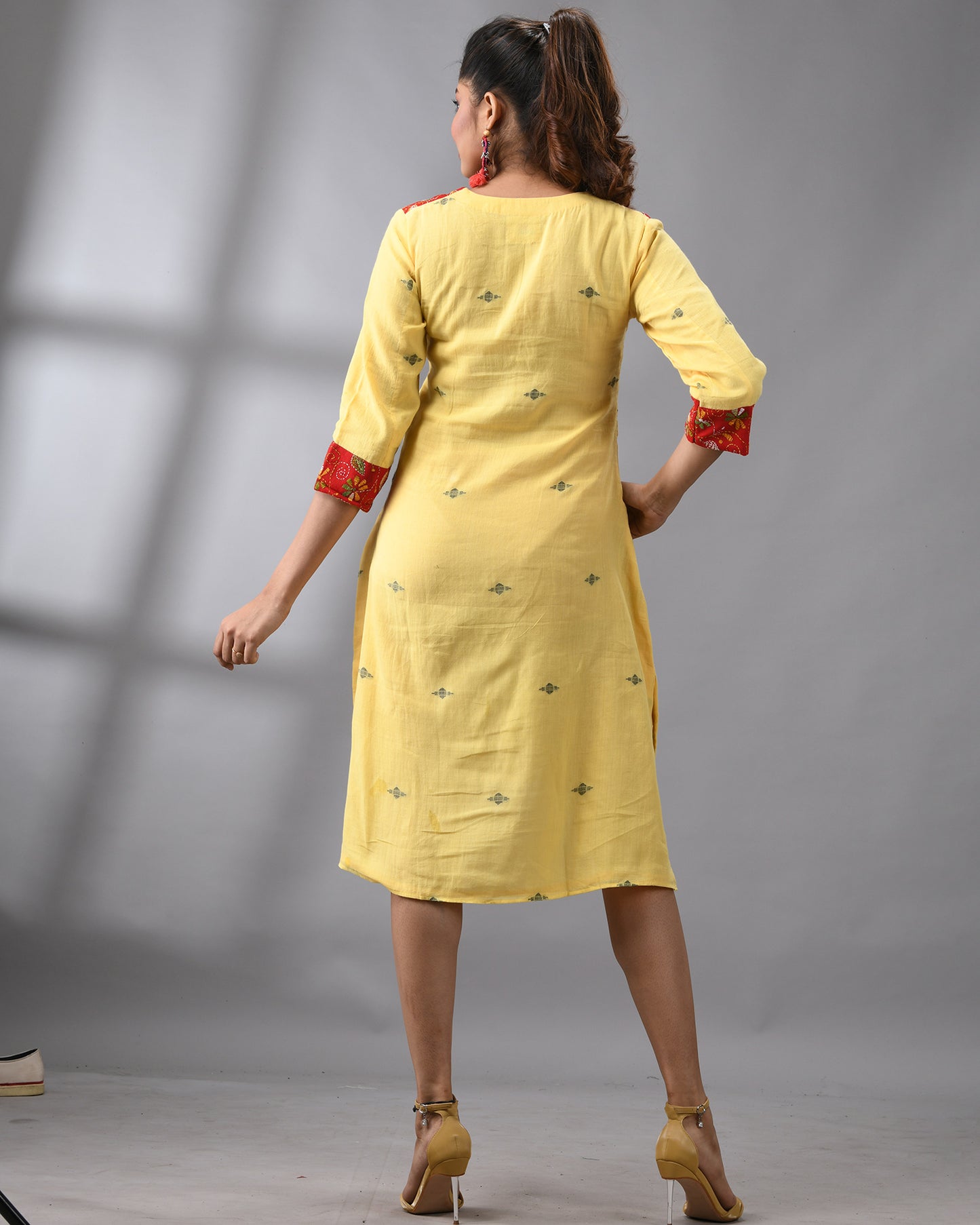 Handloom Jamdani Yellow Kantha Hand Embroidery Three-Quarter Sleeve Roundish "V" Neck Dress 100% Cotton for Women