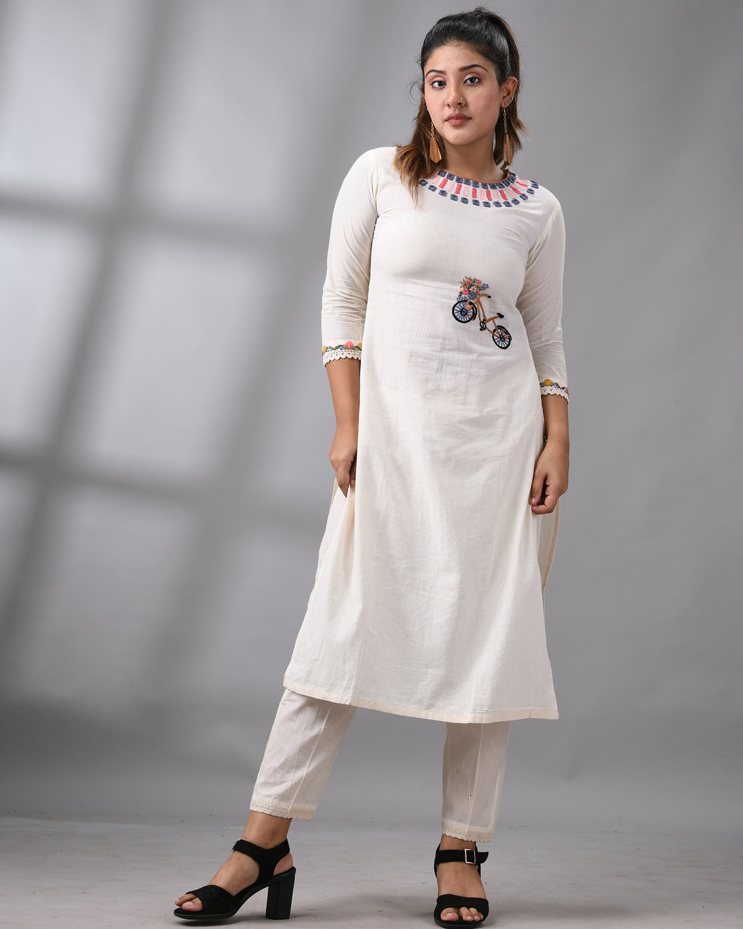 Sheesha - Kora Parsee Hand Embroidery Three-Quarter Sleeve "O" Neck Co-Ord Set 100% Cotton for Women