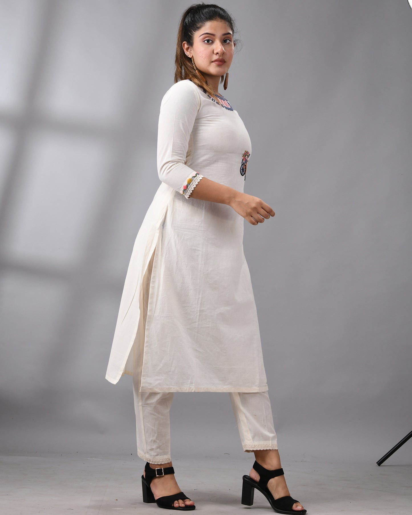 Sheesha - Kora Parsee Hand Embroidery Three-Quarter Sleeve "O" Neck Co-Ord Set 100% Cotton for Women